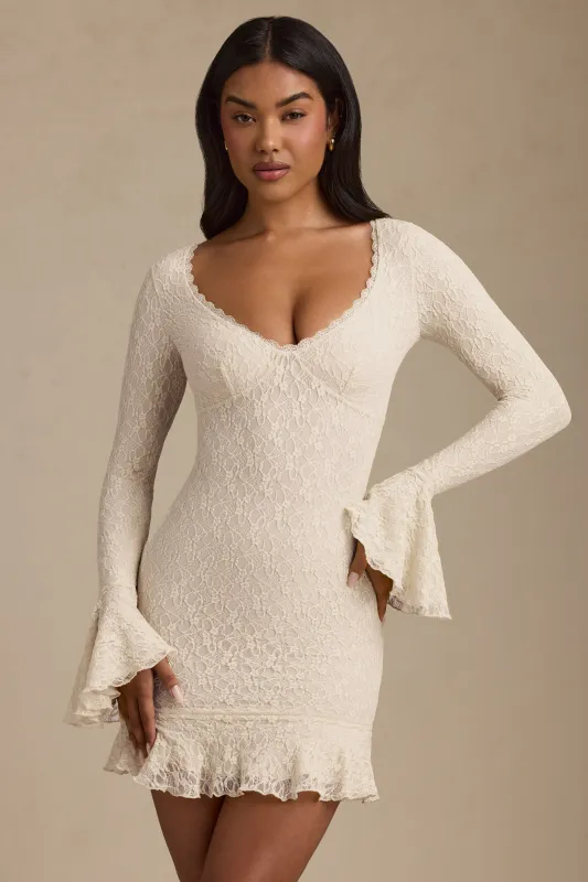 Long-Sleeve Ruffled Lace Mini Dress in Ivory sold by Oh Polly