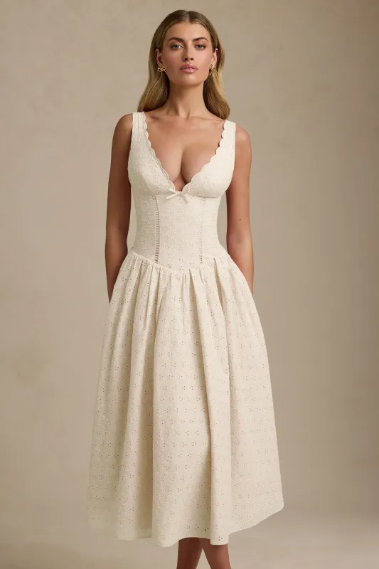 Broderie Anglaise Bow-Detail A-Line Midaxi Dress in Ivory sold by Oh Polly