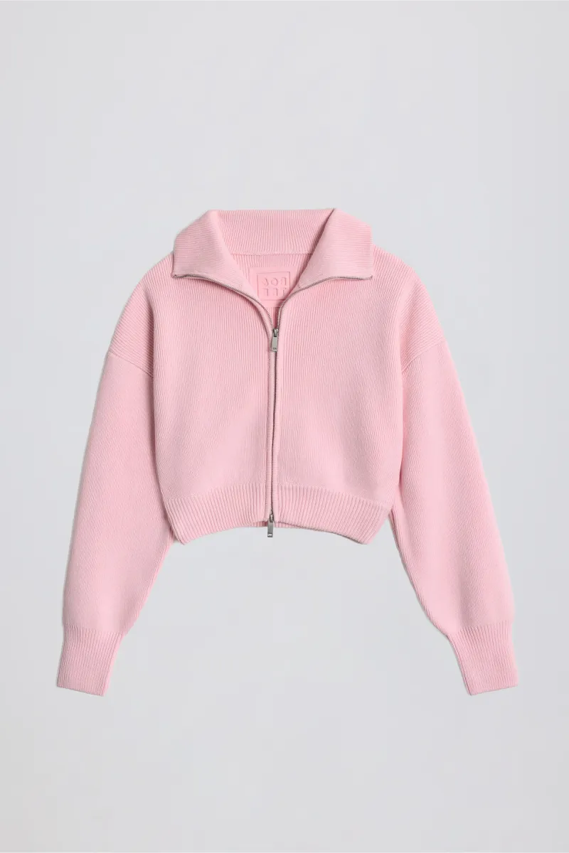 Ribbed-Knit Cropped Zip-Up Sweatshirt in Pale Pink sold by Oh Polly