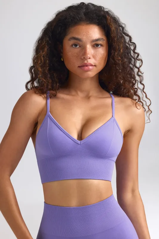 Define Luxe V-Neck Sports Bra in Purple sold by Oh Polly