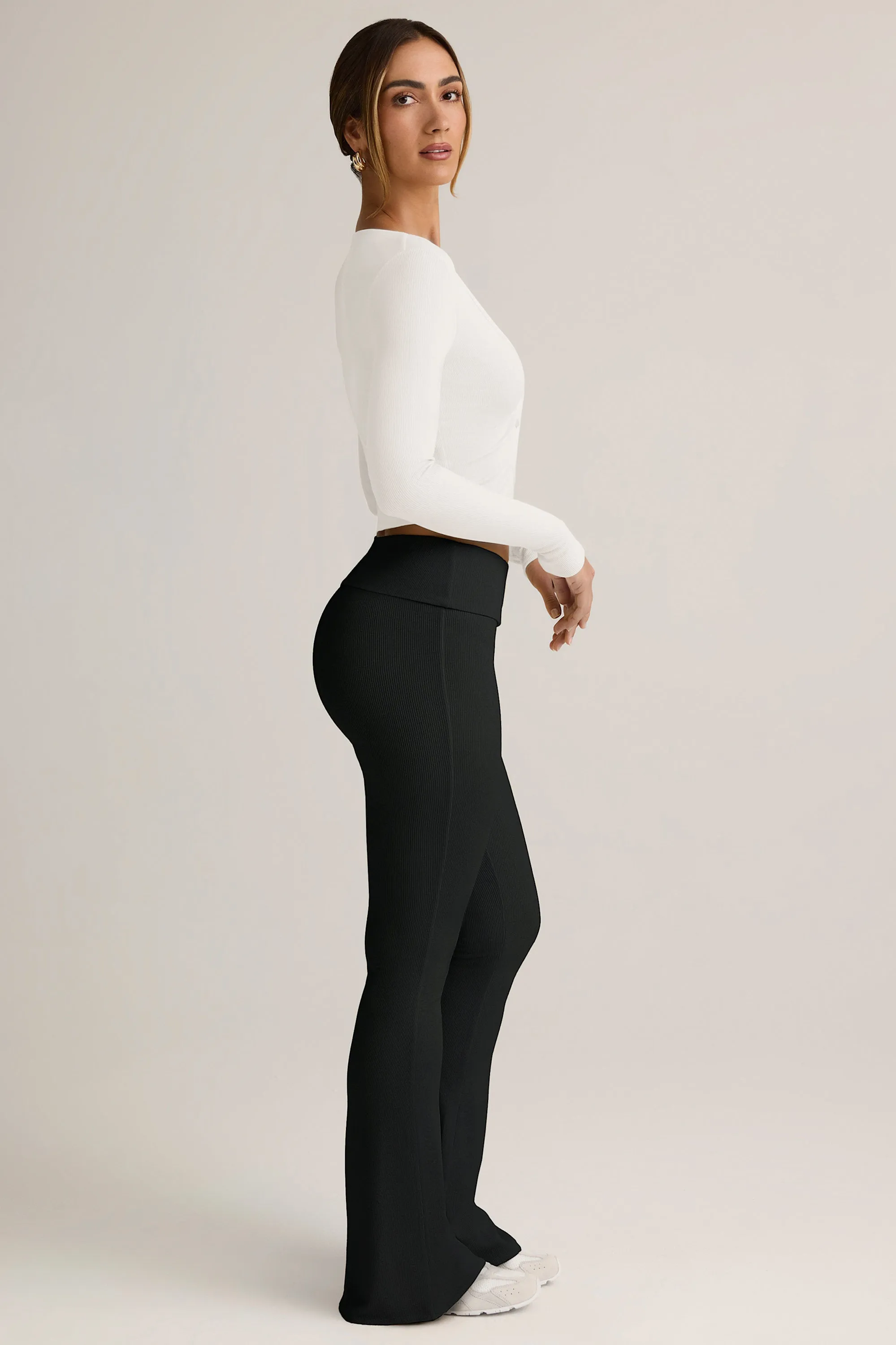 Modal Ribbed Foldover Flared Trousers in Black sold by Oh Polly product image thumbnail 3