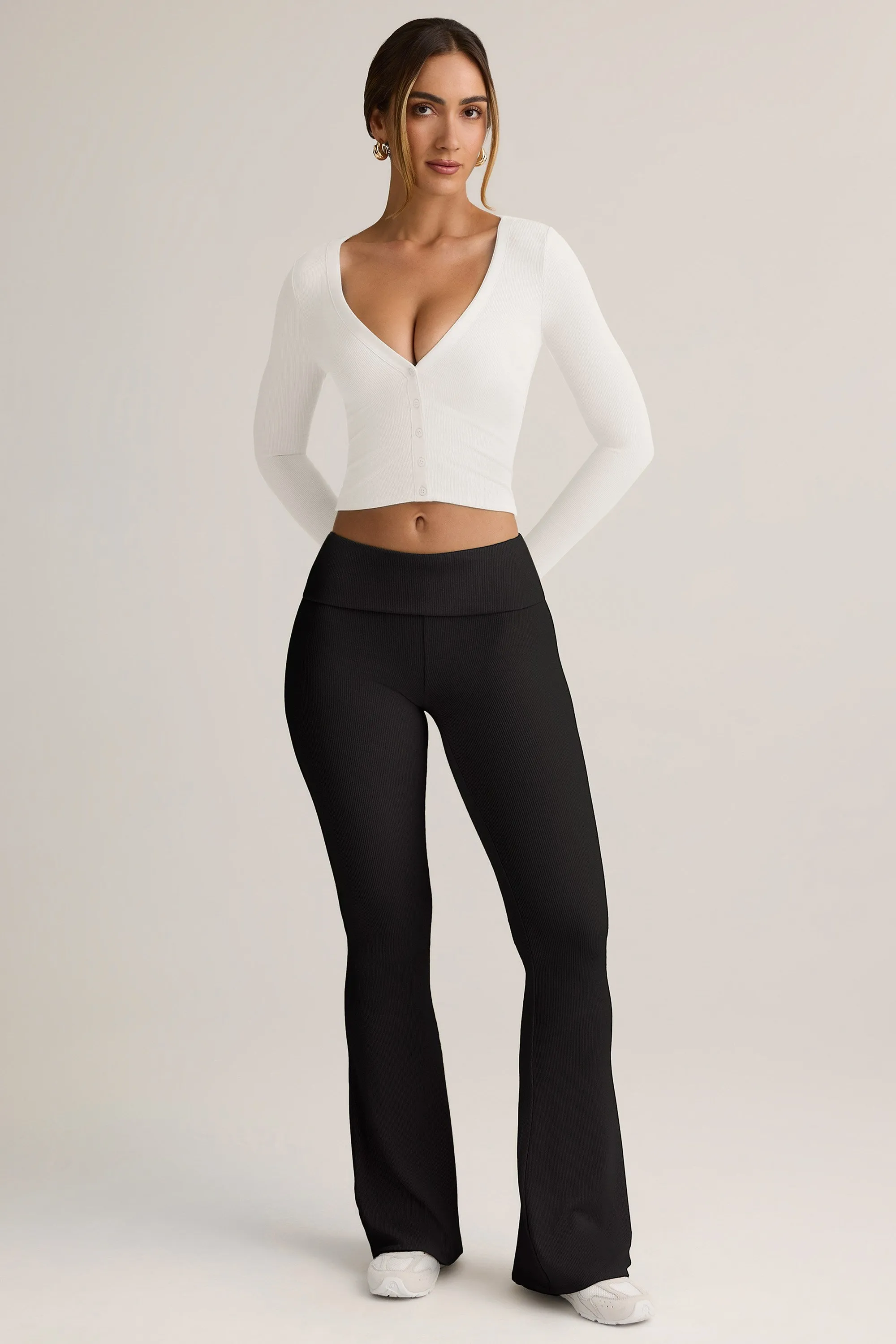 Modal Ribbed Foldover Flared Trousers in Black sold by Oh Polly product image thumbnail 5