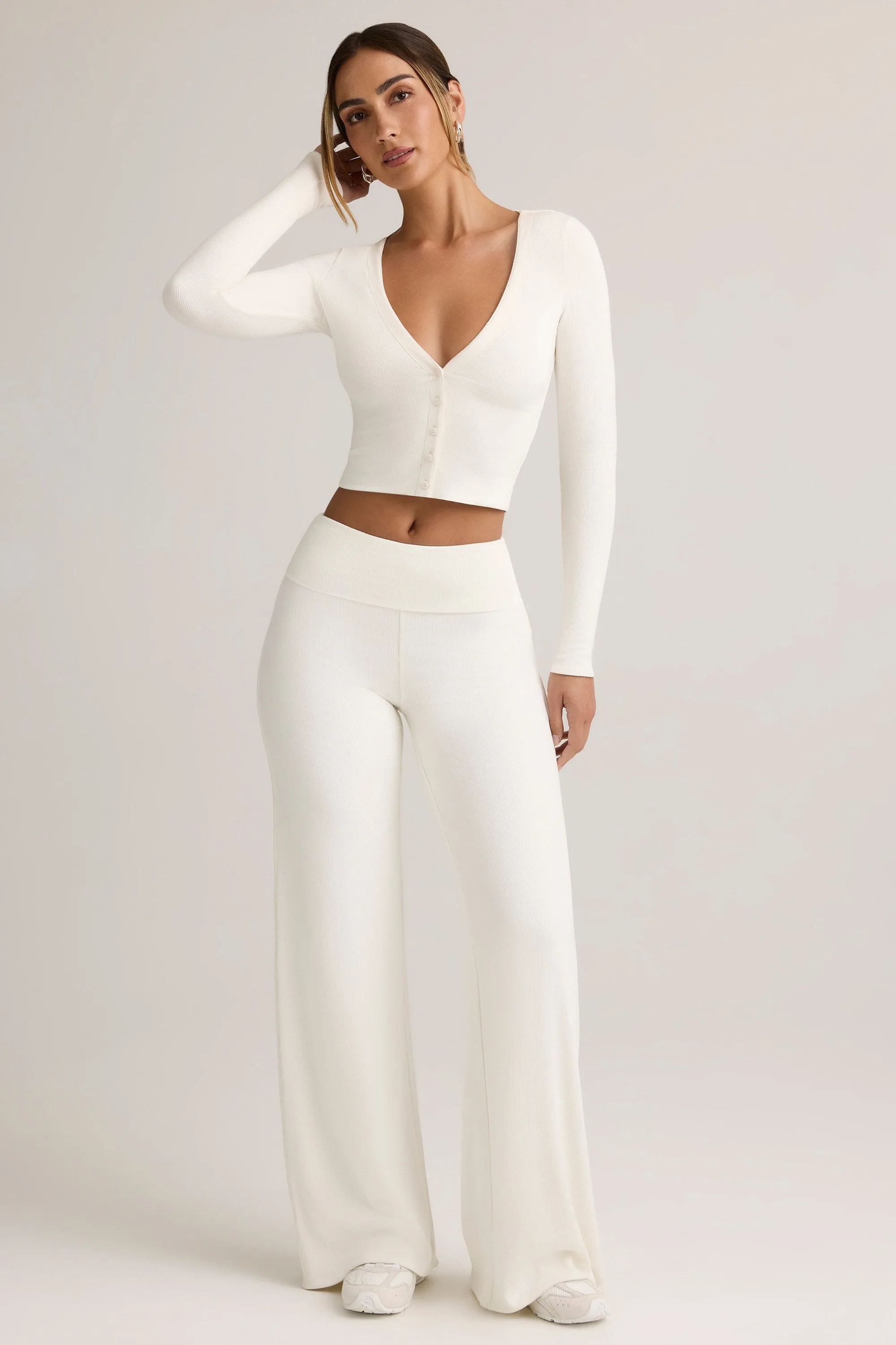 Modal Ribbed Foldover Wide-Leg Trousers in White sold by Oh Polly product image thumbnail 5