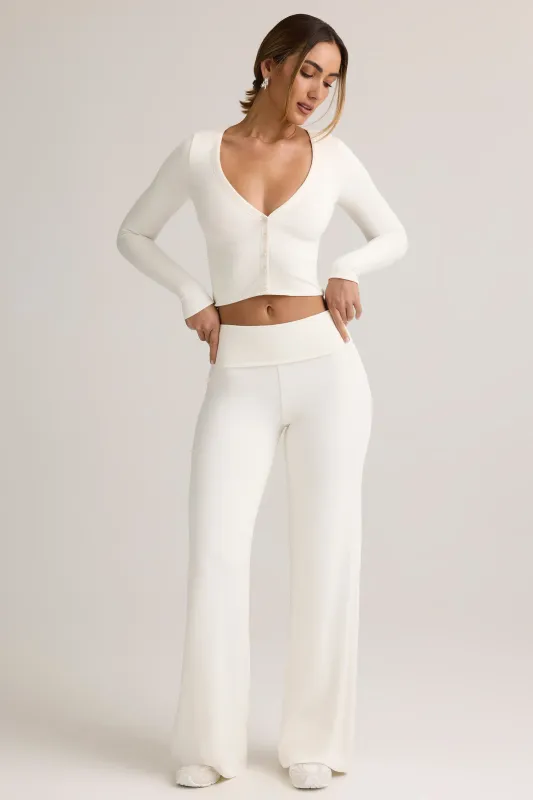 Modal Ribbed Foldover Wide-Leg Trousers in White sold by Oh Polly
