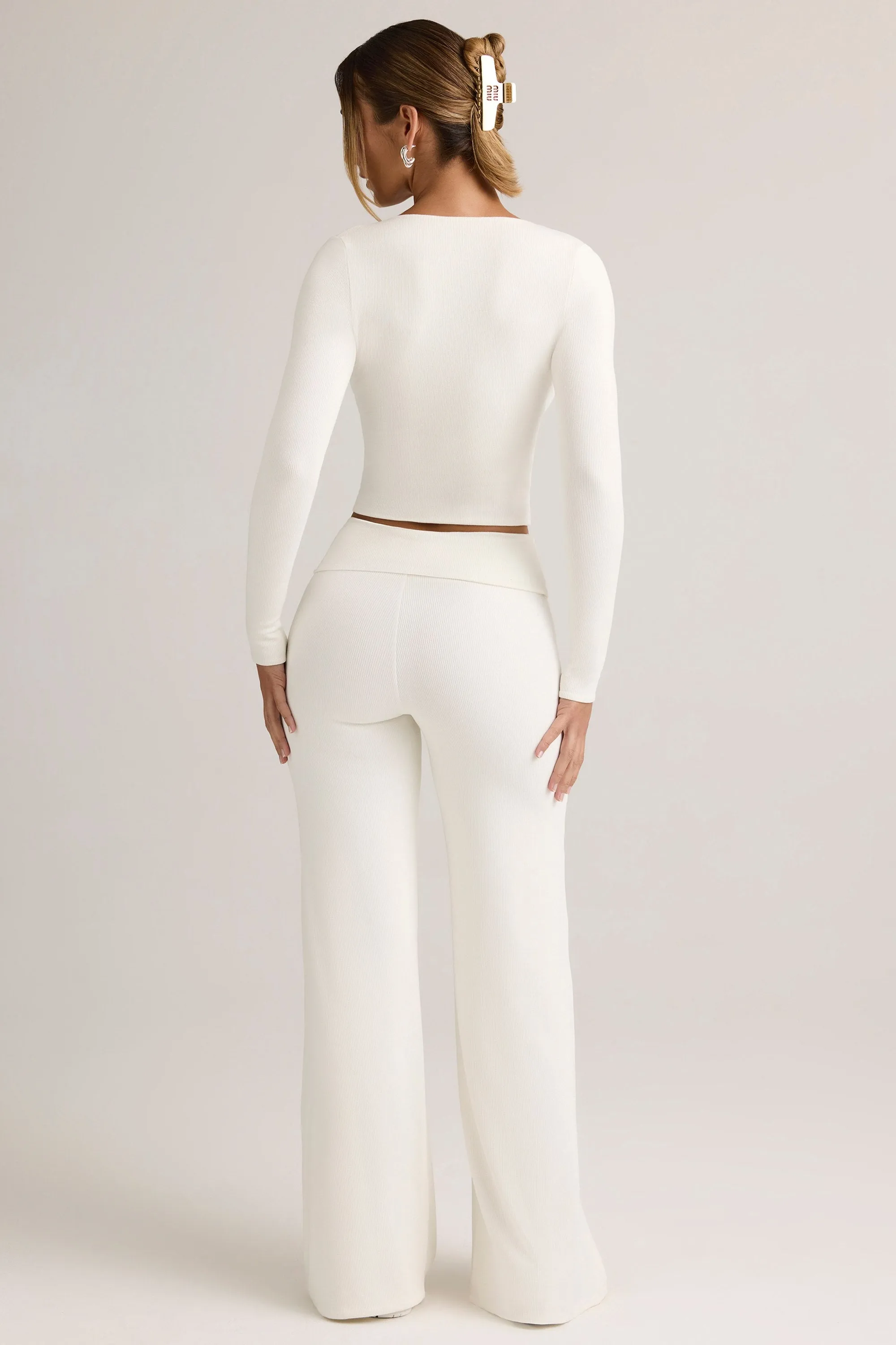 Modal Ribbed Foldover Wide-Leg Trousers in White sold by Oh Polly product image thumbnail 2