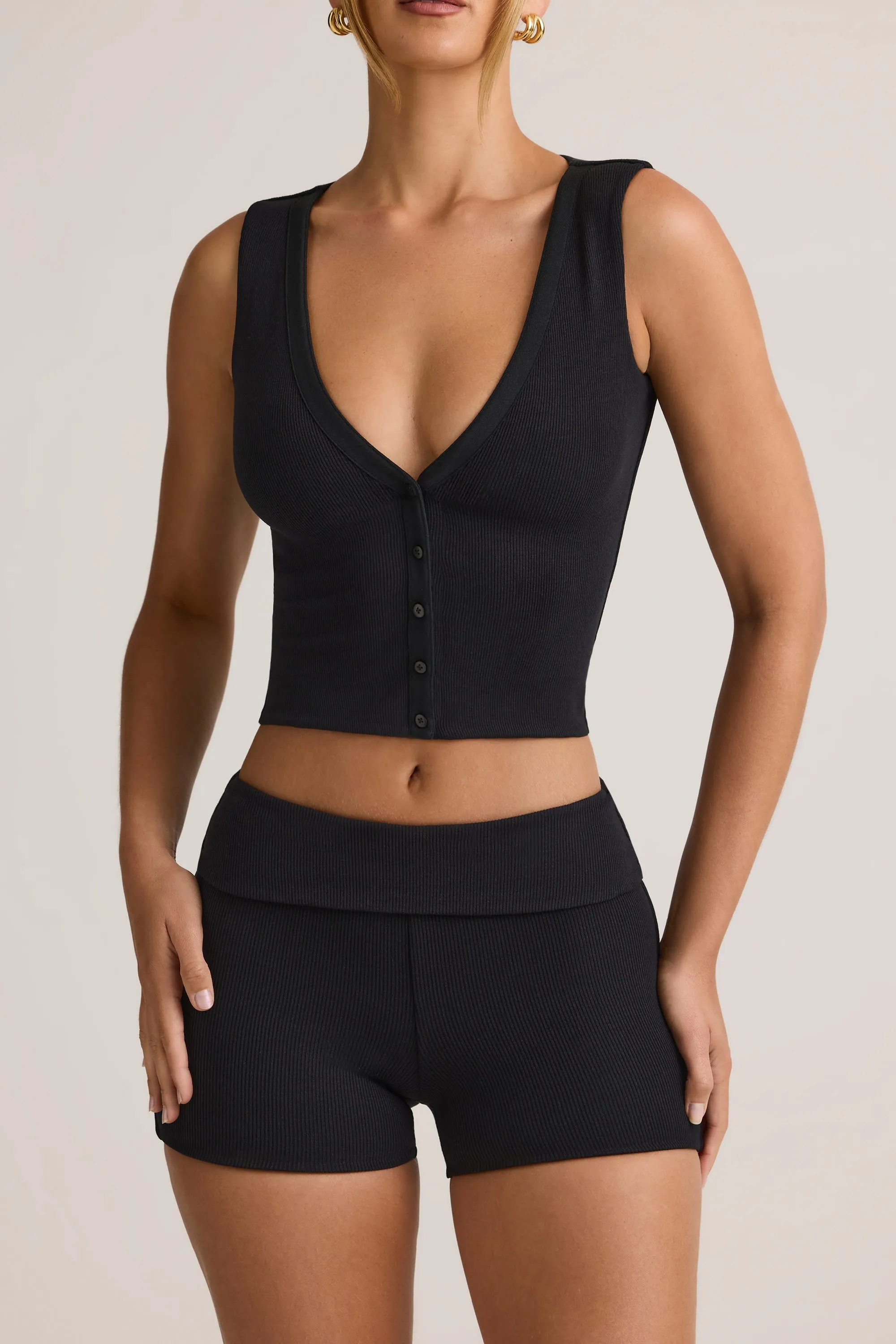Modal Ribbed Button-Up Vest Top in Black sold by Oh Polly product image thumbnail 2
