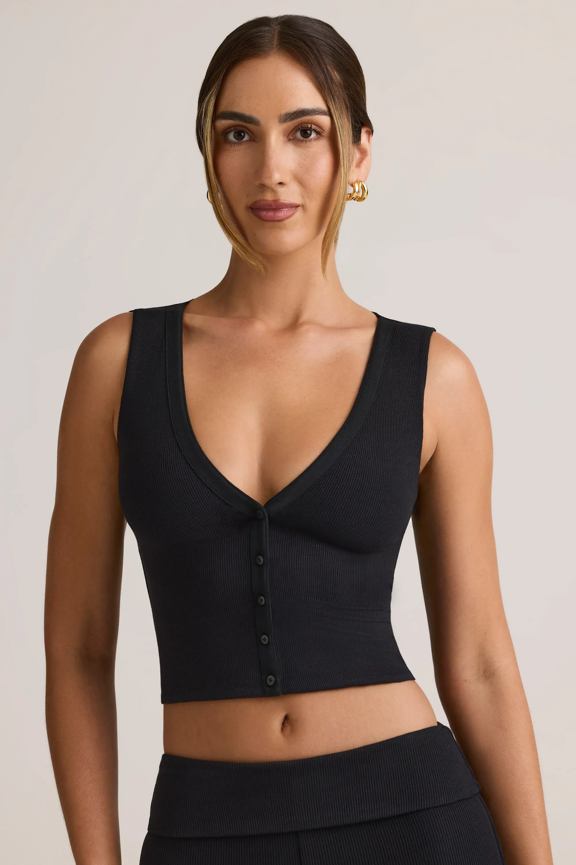Modal Ribbed Button-Up Vest Top in Black sold by Oh Polly product image thumbnail 5