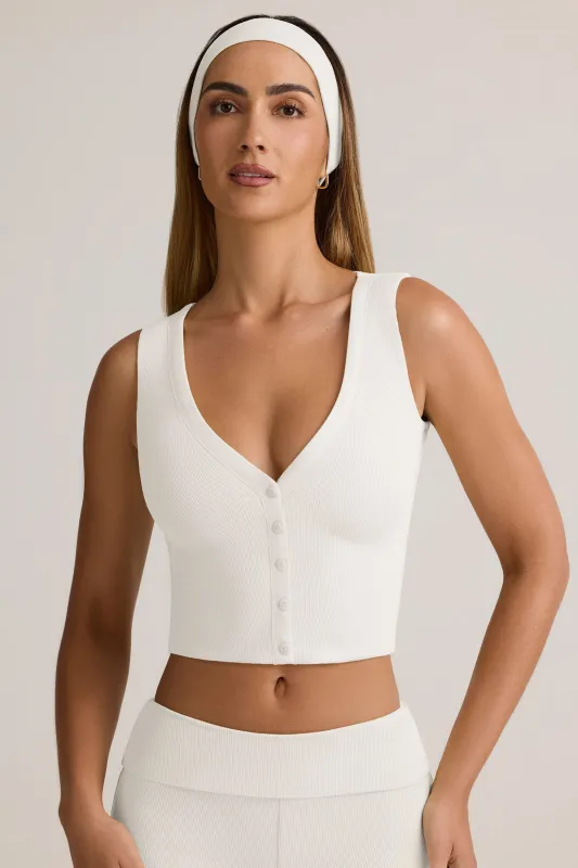 Modal Ribbed Button-Up Vest Top in White sold by Oh Polly