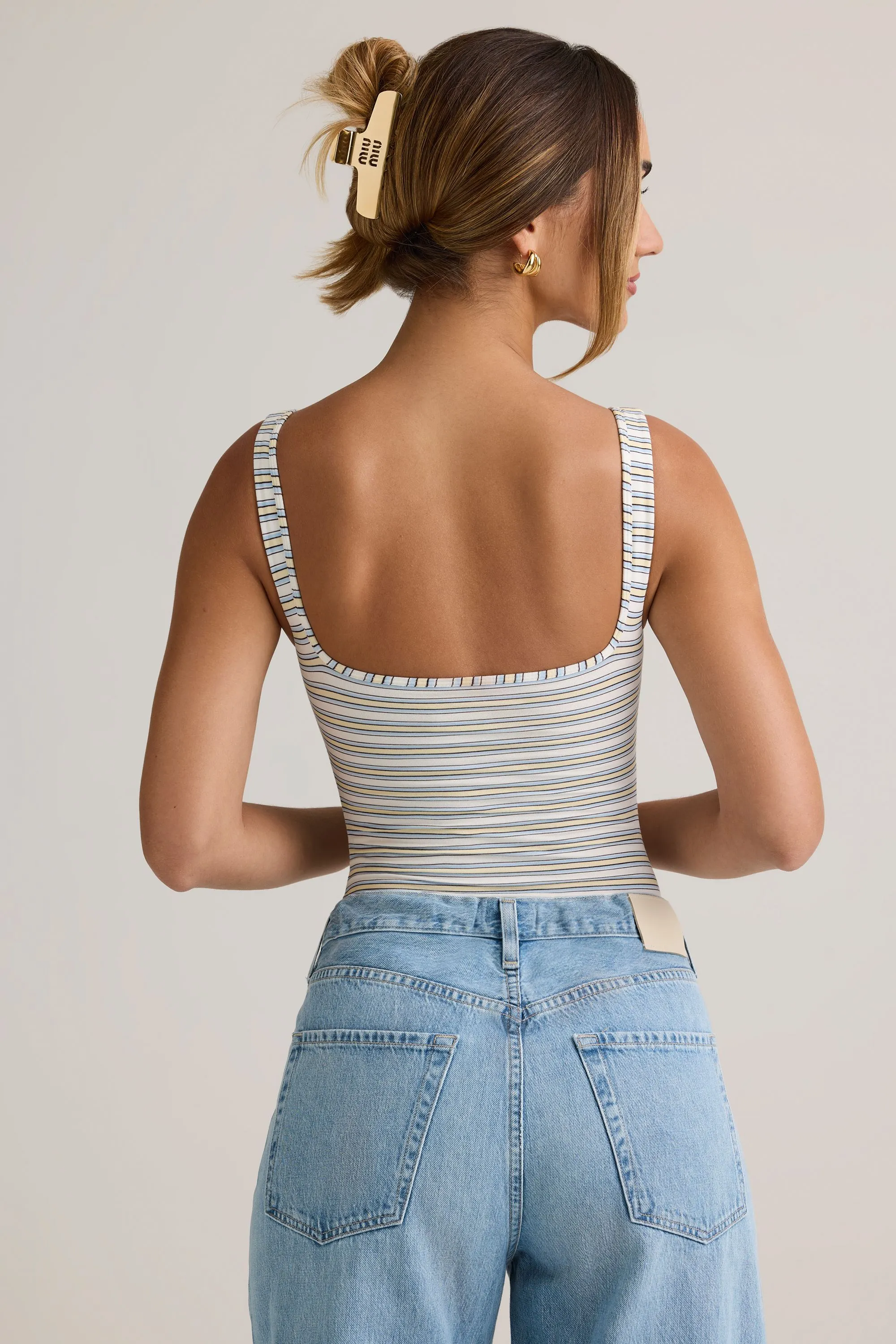 Modal Square-Neck Bodysuit in Blue Yellow Stripe sold by Oh Polly product image thumbnail 2