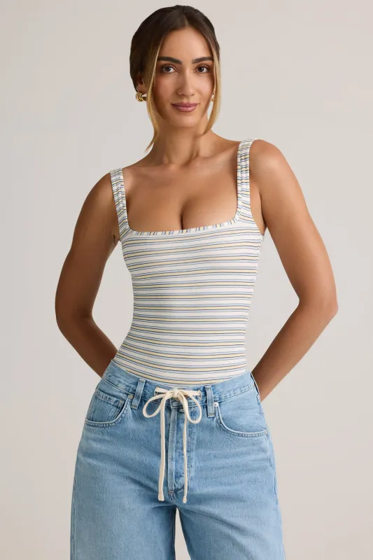 Modal Square-Neck Bodysuit in Blue Yellow Stripe sold by Oh Polly