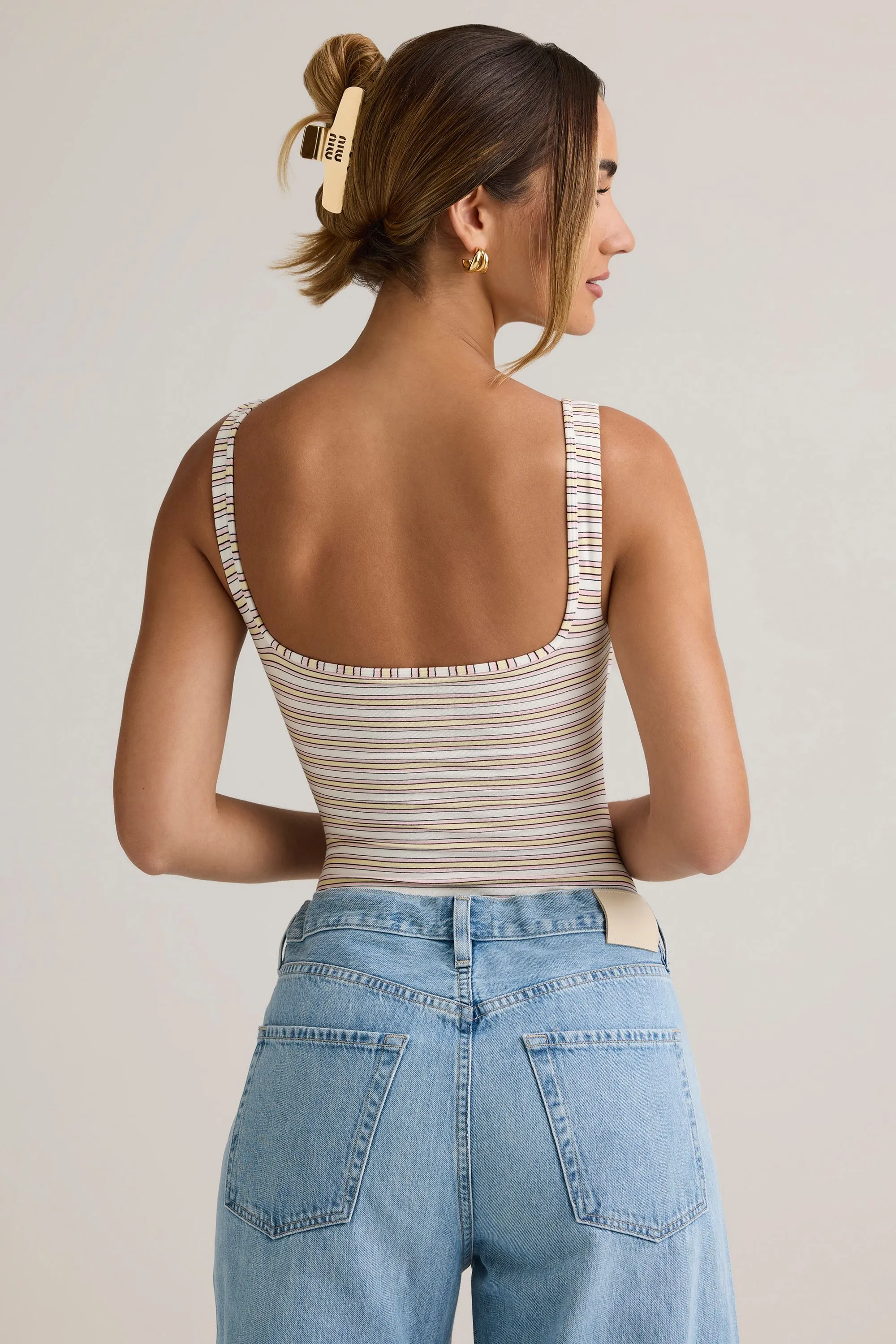 Modal Square-Neck Bodysuit in Pink Yellow Stripe sold by Oh Polly product image thumbnail 2