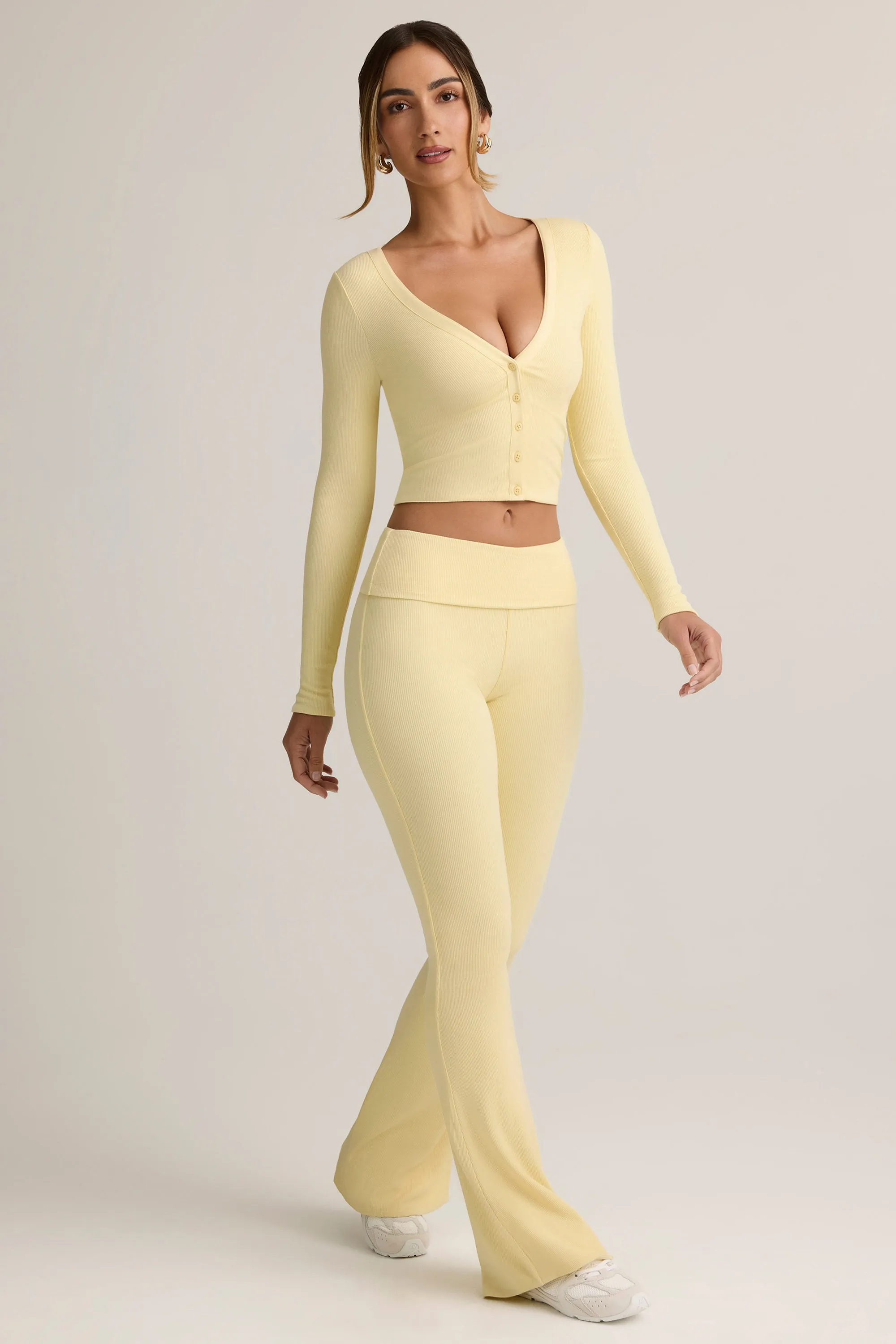 Modal Ribbed Foldover Flared Trousers in Buttercream Yellow sold by Oh Polly product image thumbnail 4