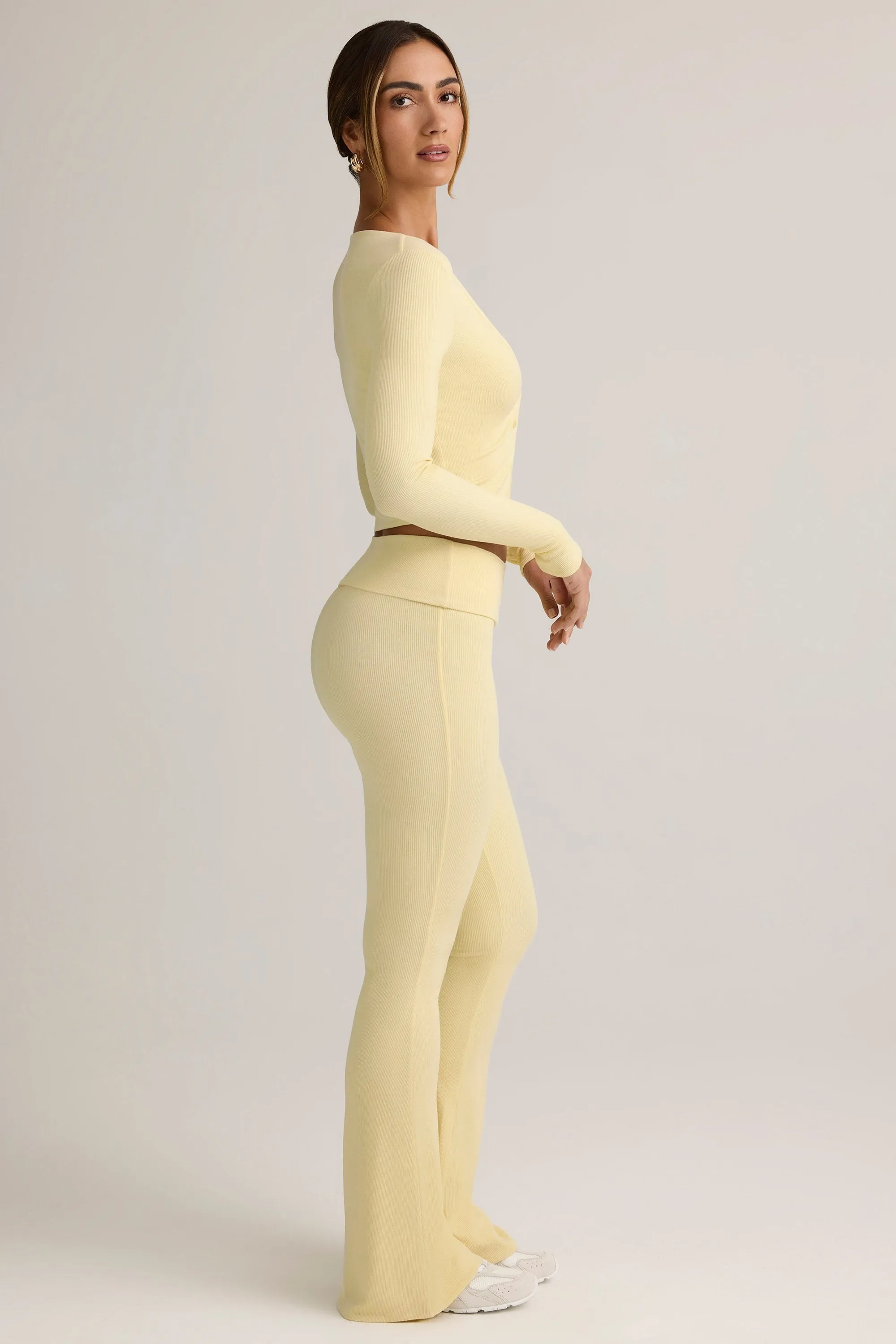 Modal Ribbed Foldover Flared Trousers in Buttercream Yellow sold by Oh Polly product image thumbnail 3