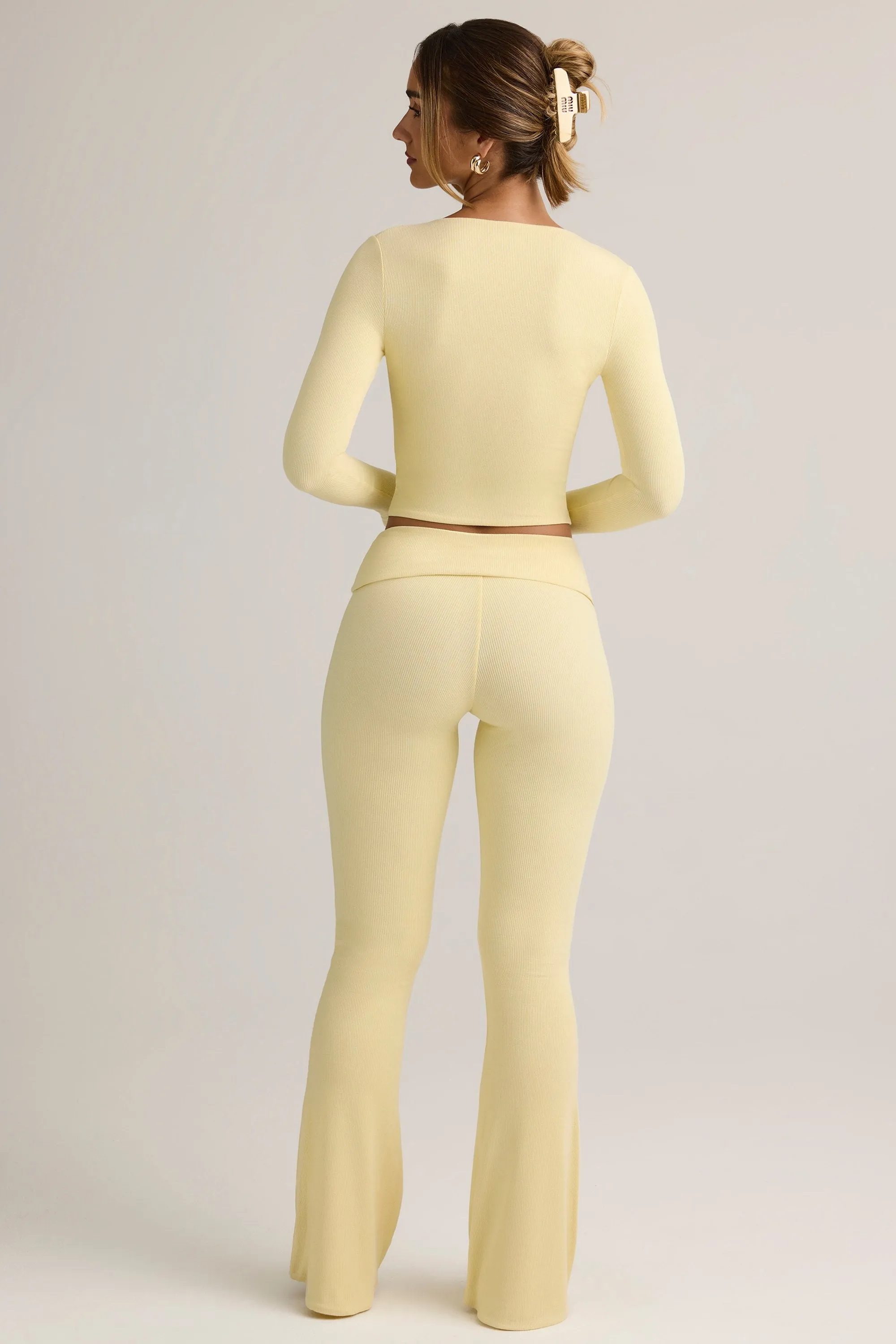 Modal Ribbed Foldover Flared Trousers in Buttercream Yellow sold by Oh Polly product image thumbnail 2