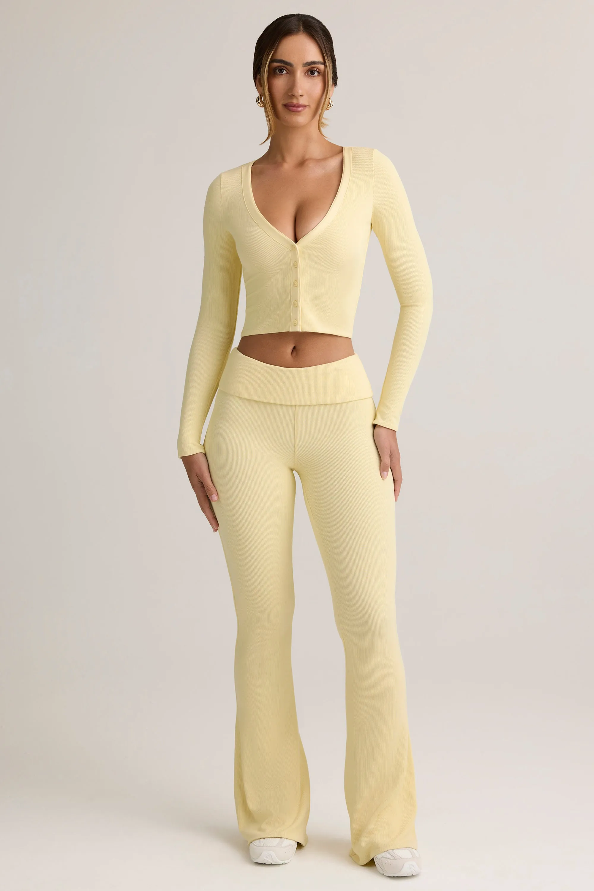 Modal Ribbed Foldover Flared Trousers in Buttercream Yellow sold by Oh Polly product image thumbnail 5