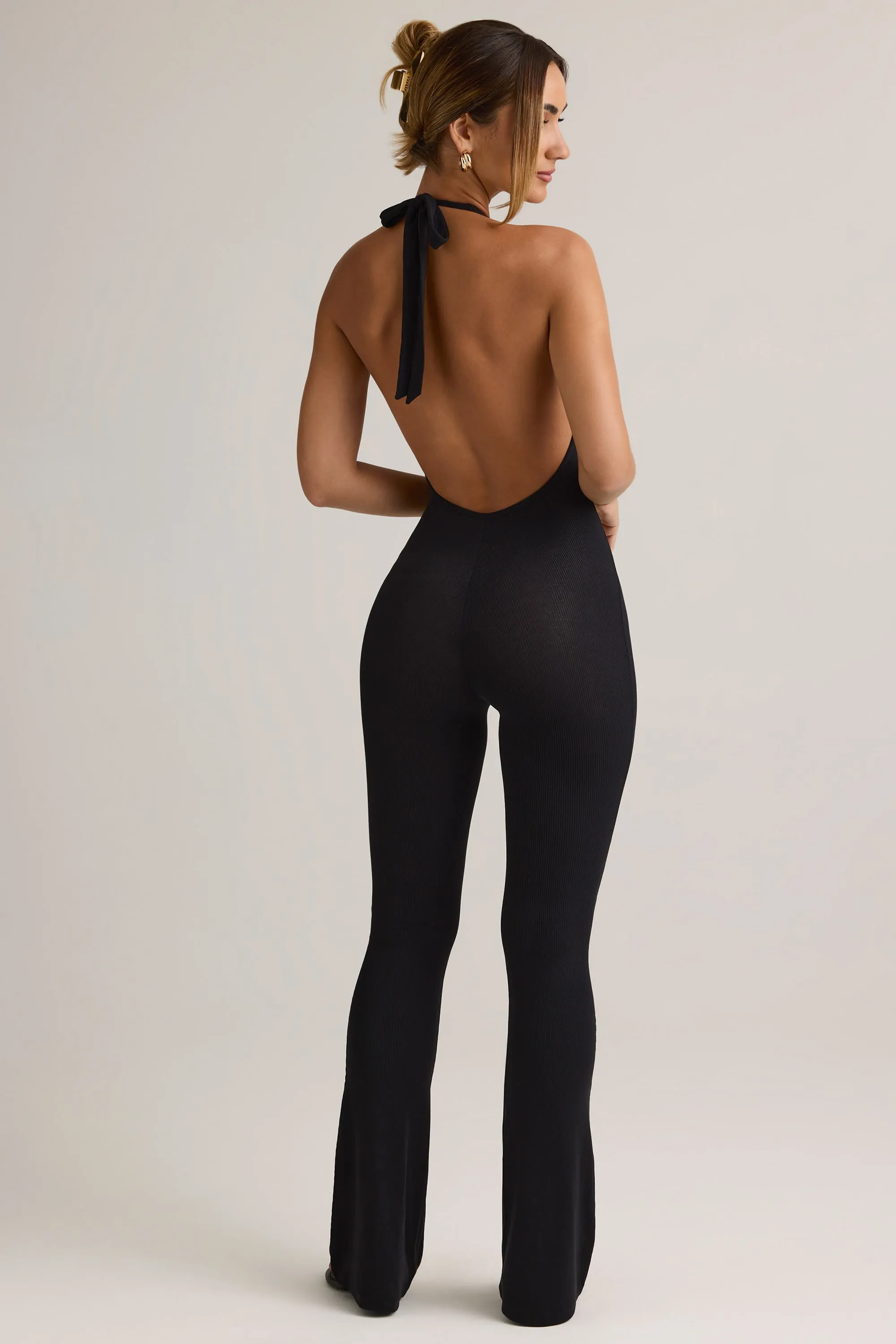 Modal Ribbed Backless Halterneck Jumpsuit in Black sold by Oh Polly product image thumbnail 3
