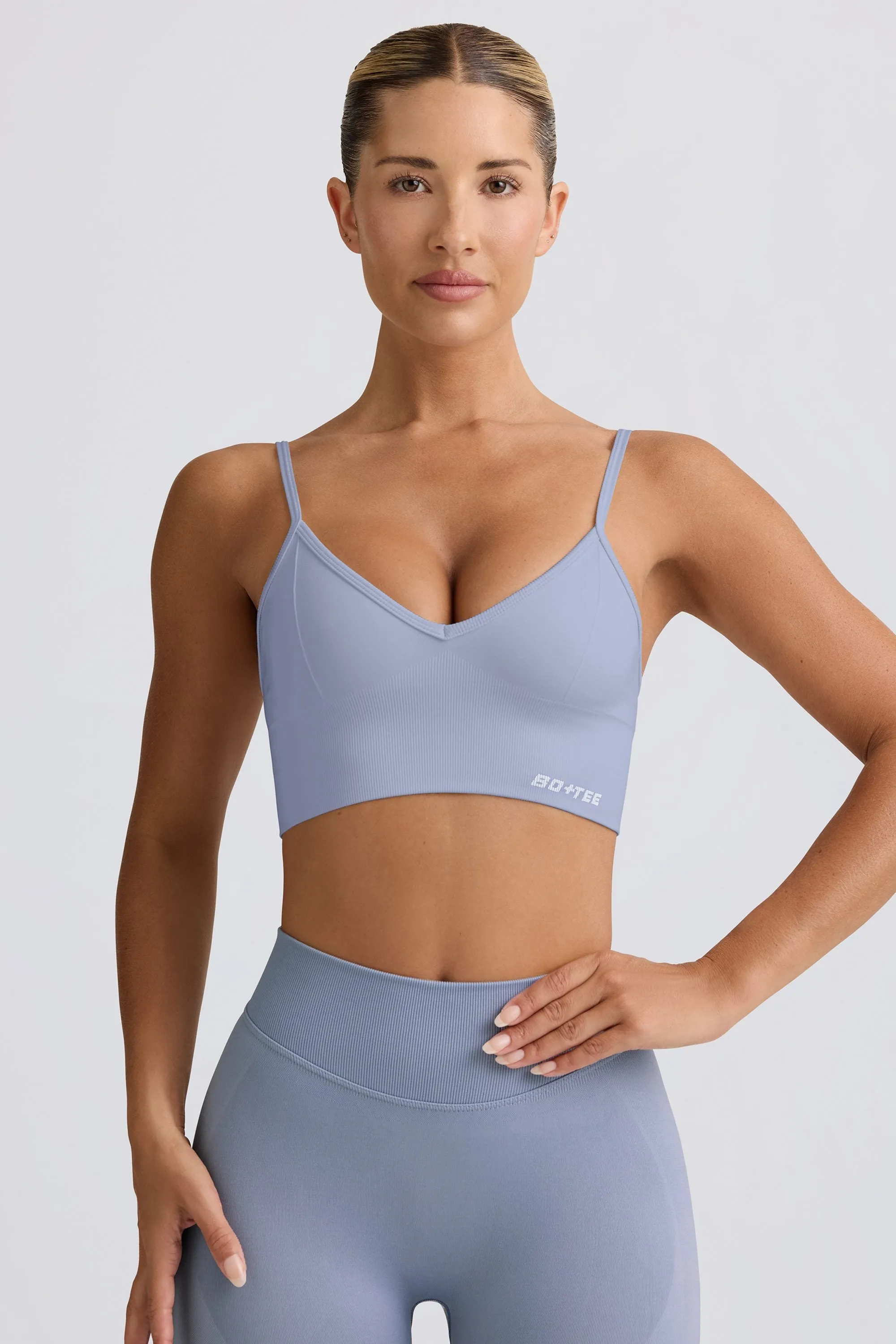 Define Luxe V-Neck Sports Bra in Blue Grey sold by Oh Polly product image thumbnail 5