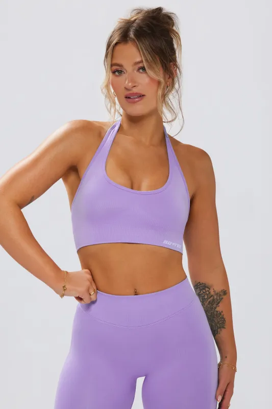 Define Luxe Halterneck Sports Bra in Lilac sold by Oh Polly