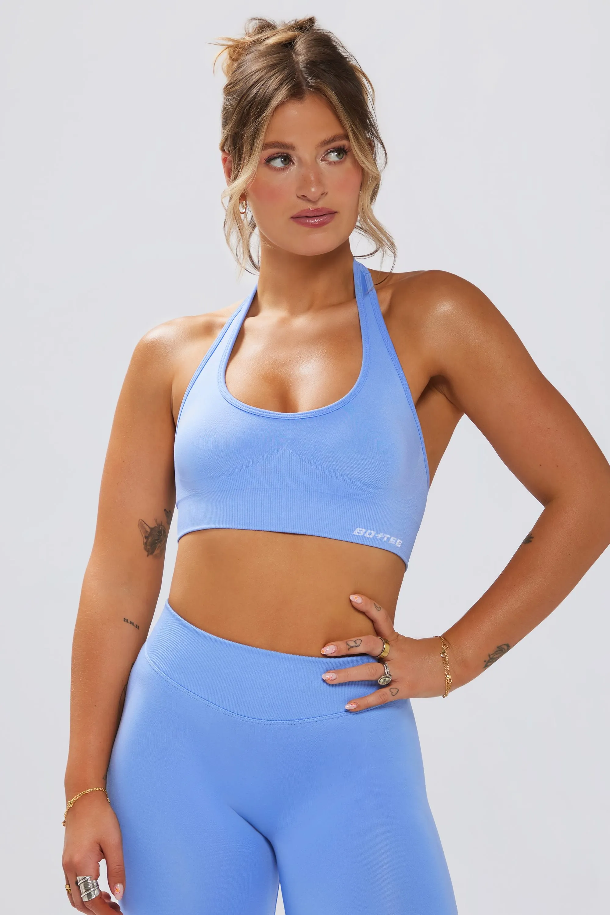 Define Luxe Halterneck Sports Bra in Light Blue sold by Oh Polly