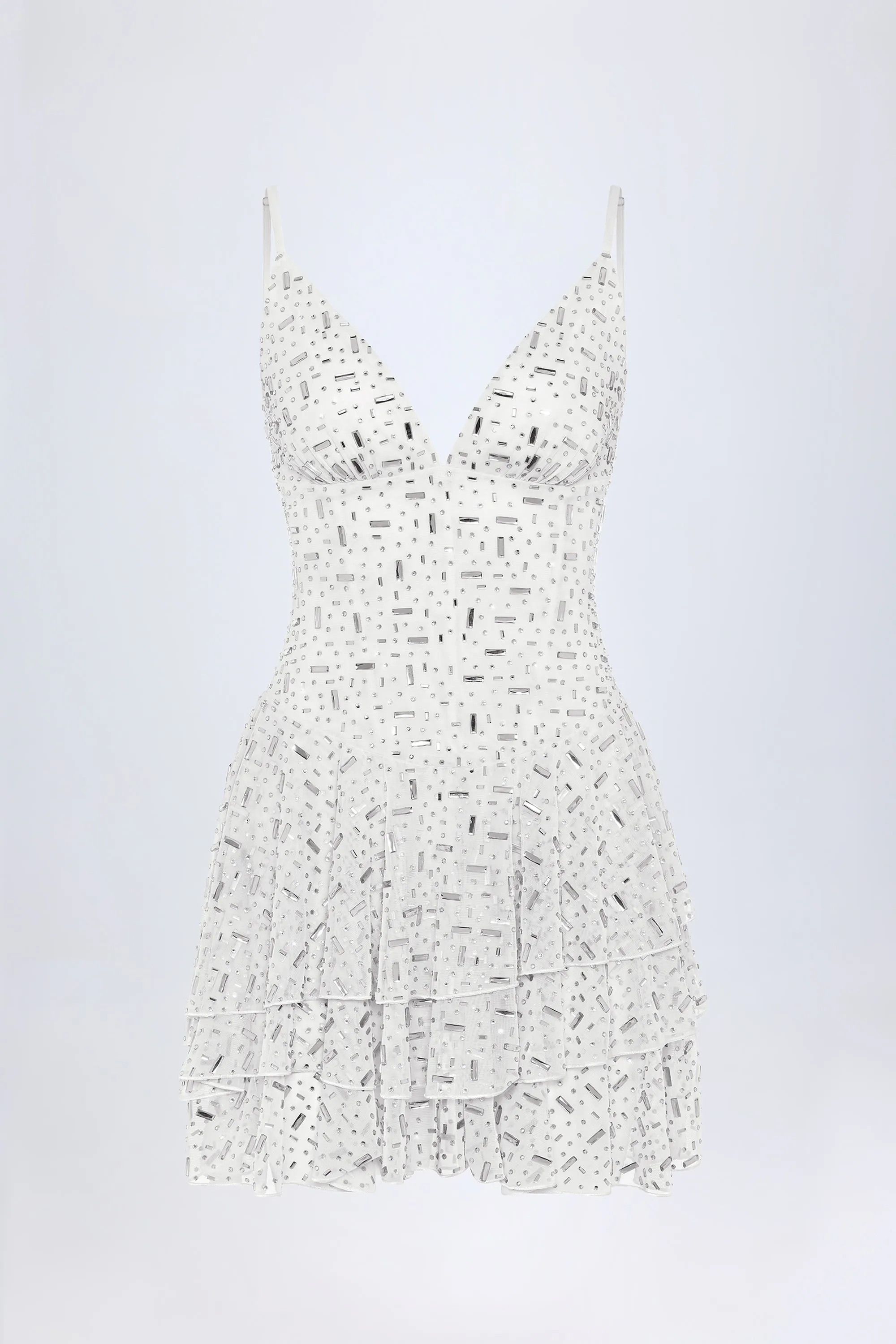 Embellished Ruffled Tiered Mini Dress in White sold by Oh Polly product image thumbnail 2