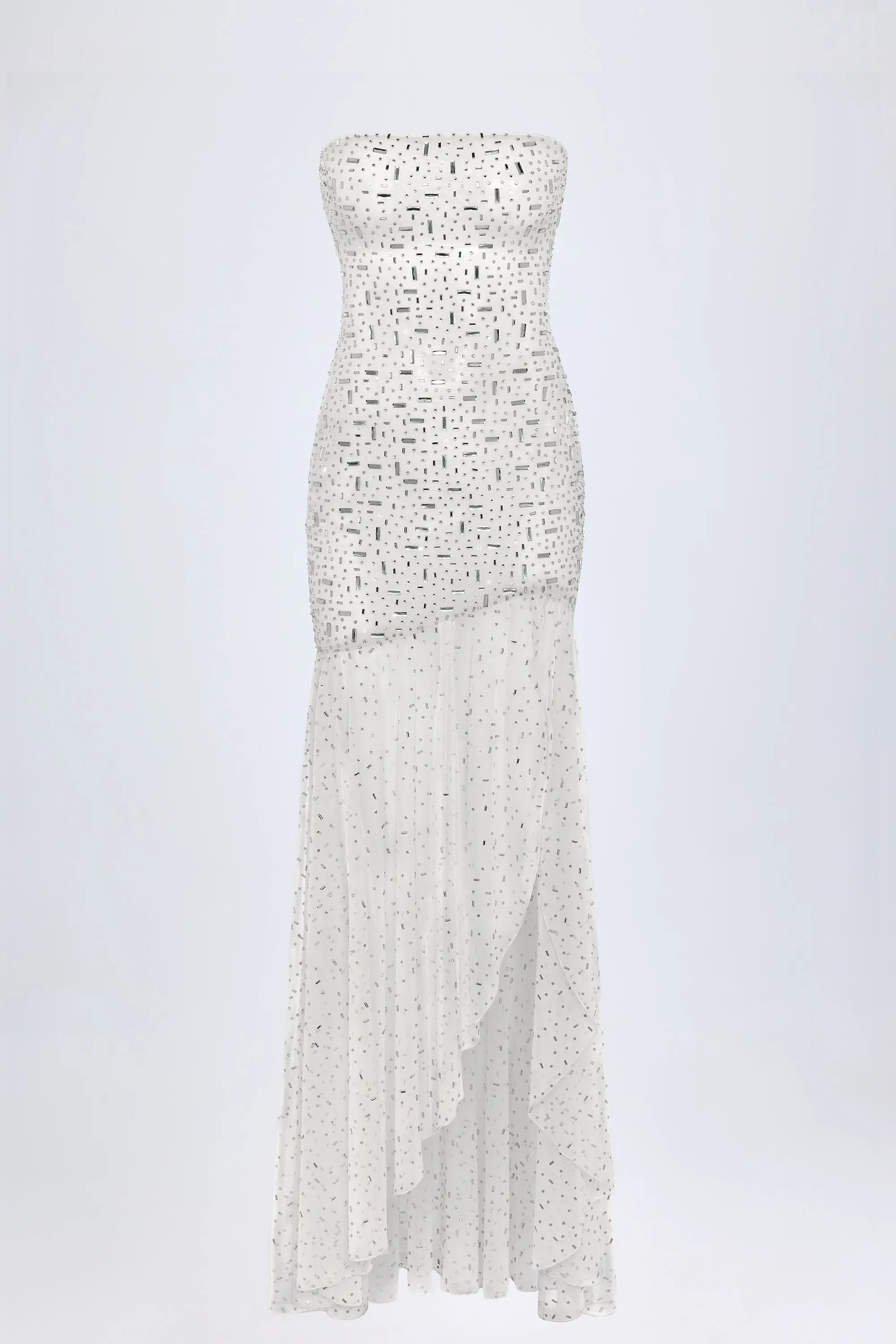 Semi-Sheer Embellished Asymmetric Maxi Dress in White sold by Oh Polly product image thumbnail 5