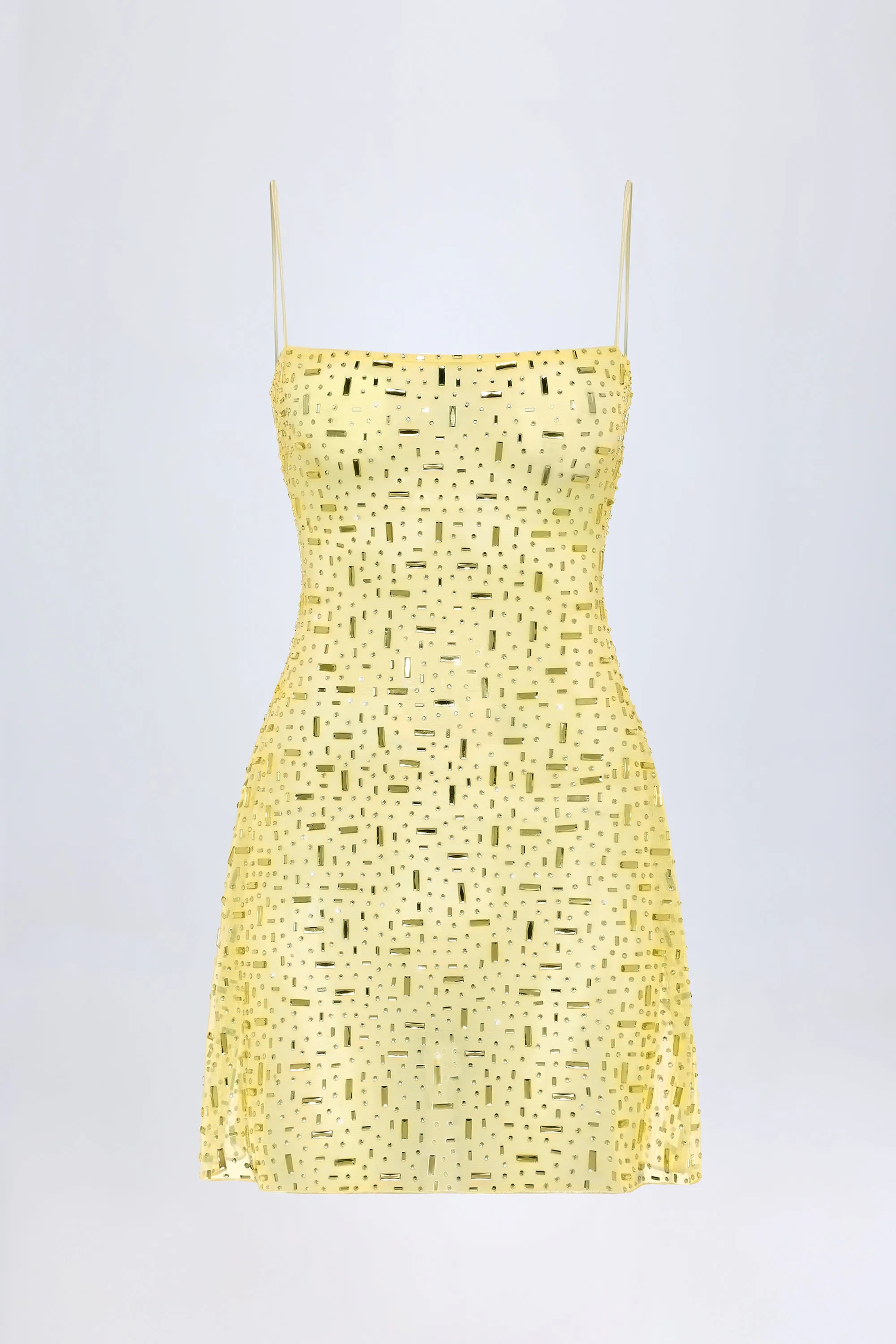 Sheer Embellished Square-Neck Mini Dress in Yellow sold by Oh Polly product image thumbnail 2
