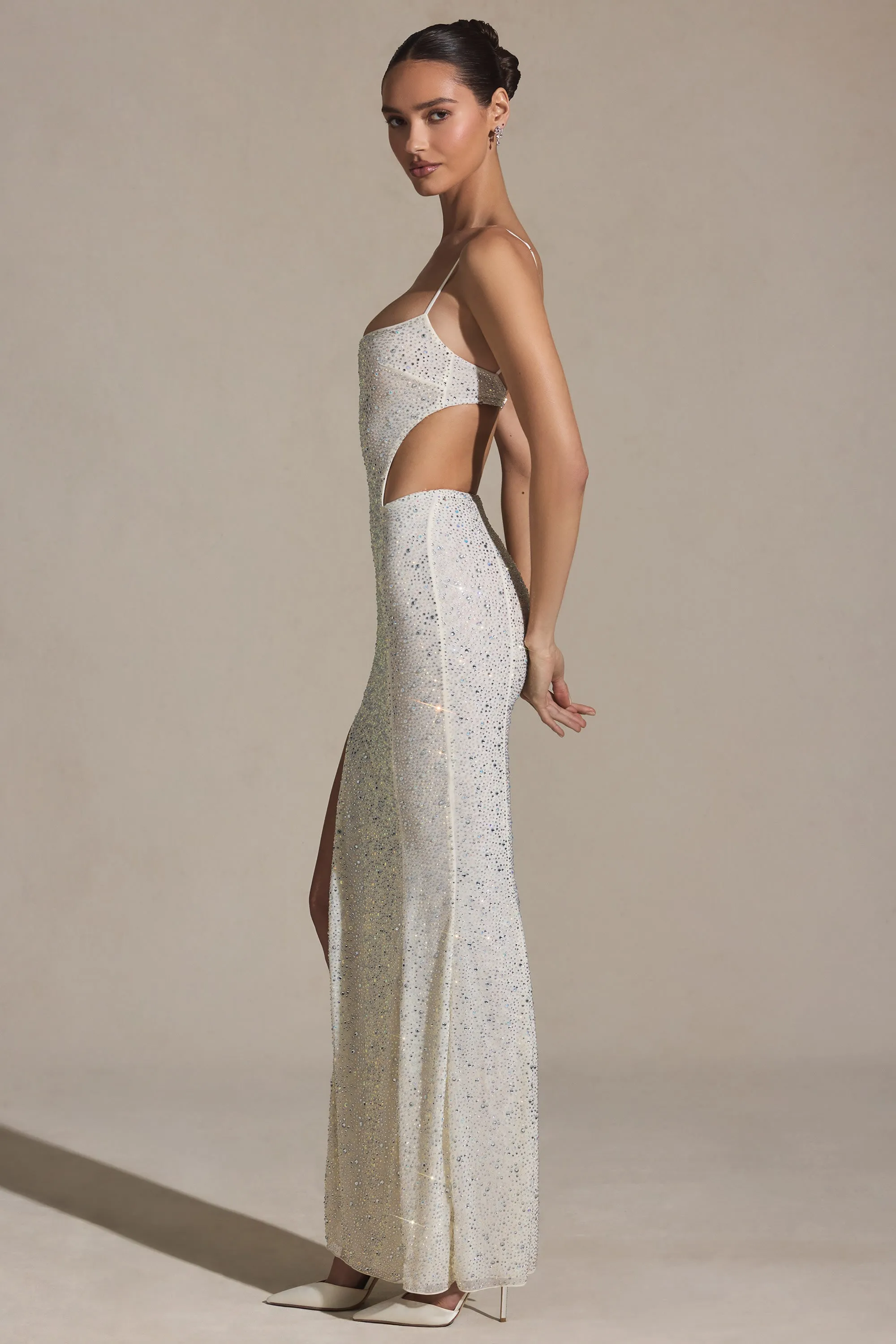 Embellished Cut-Out Fishtail Maxi Dress in White sold by Oh Polly product image thumbnail 3