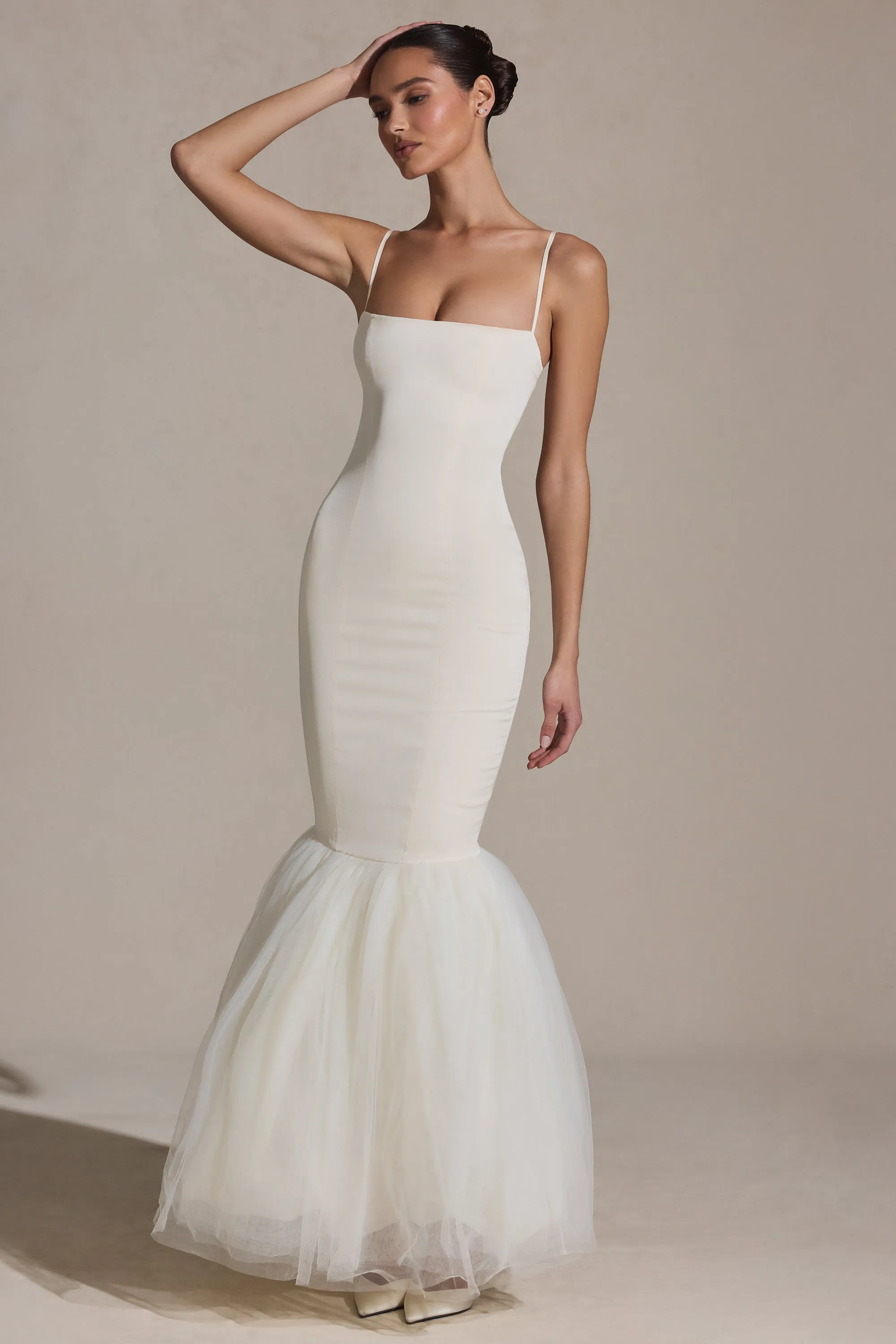 Tulle Hem Fishtail Gown in Ivory sold by Oh Polly