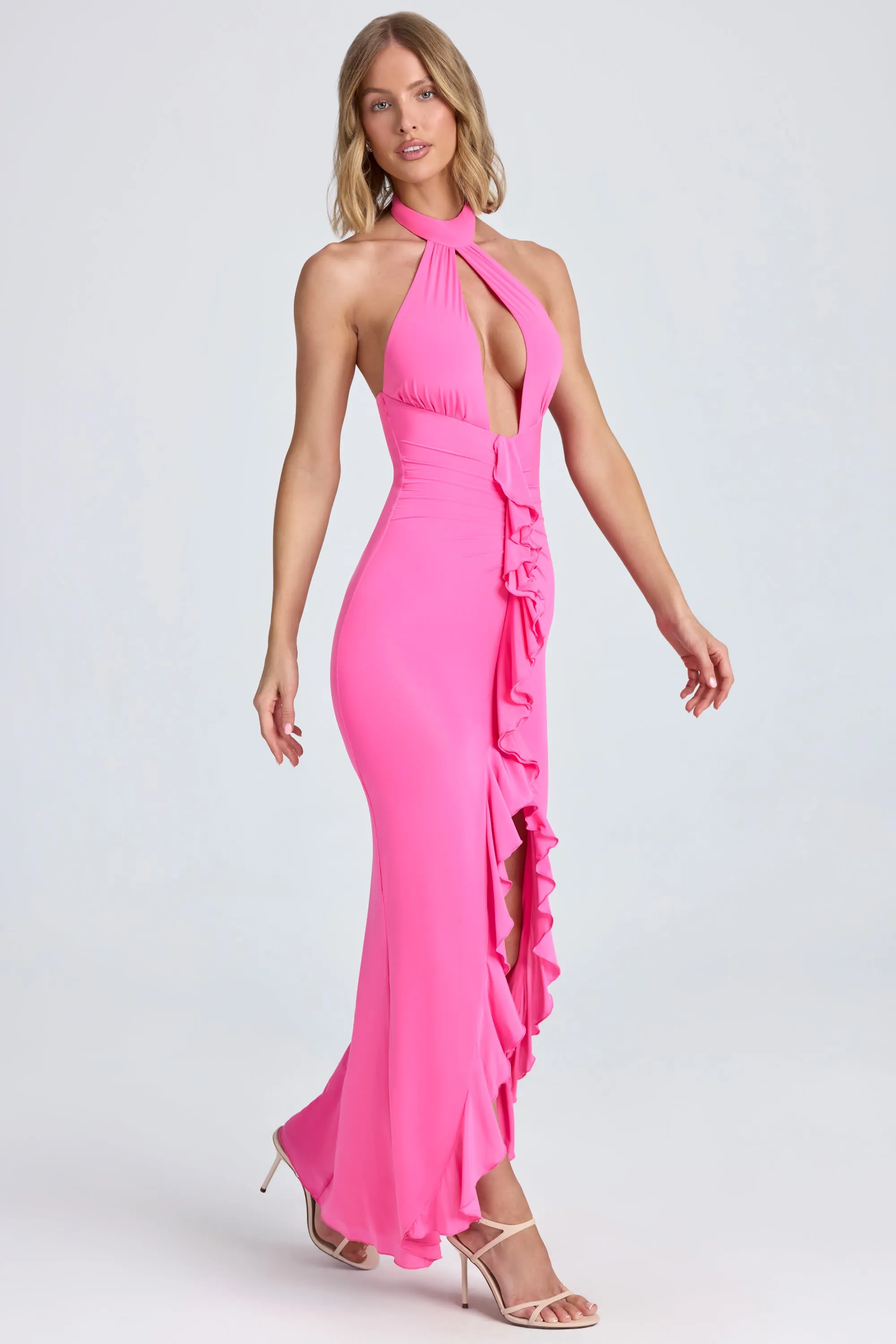 Ruffle-Trim Halterneck Gown in Lollipop Pink sold by Oh Polly product image thumbnail 4