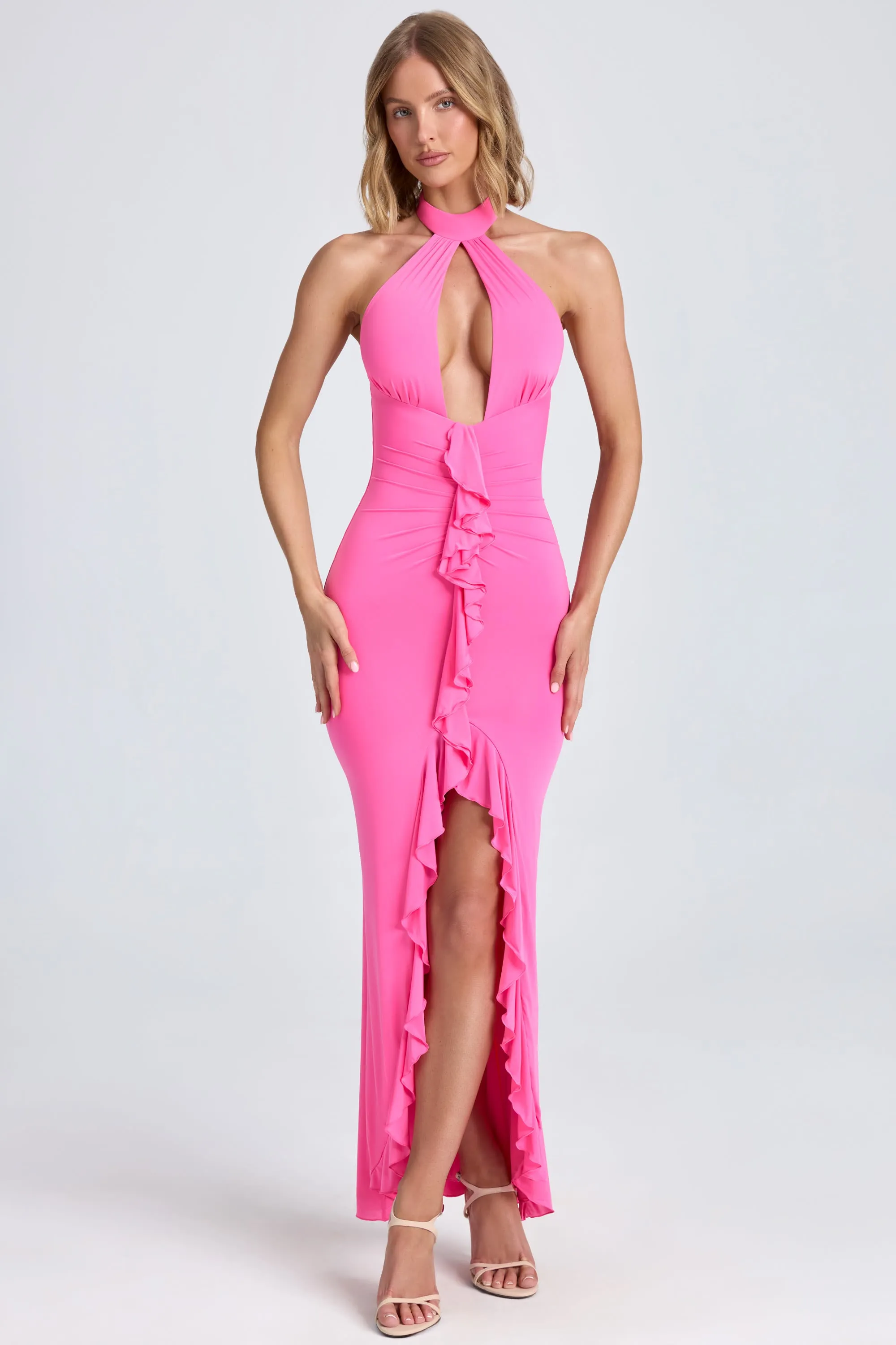 Ruffle-Trim Halterneck Gown in Lollipop Pink sold by Oh Polly