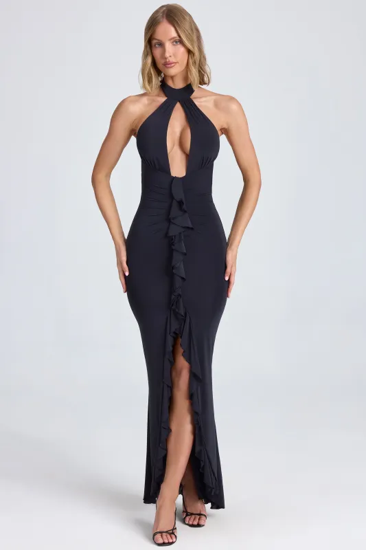 Ruffle-Trim Halterneck Gown in Black sold by Oh Polly