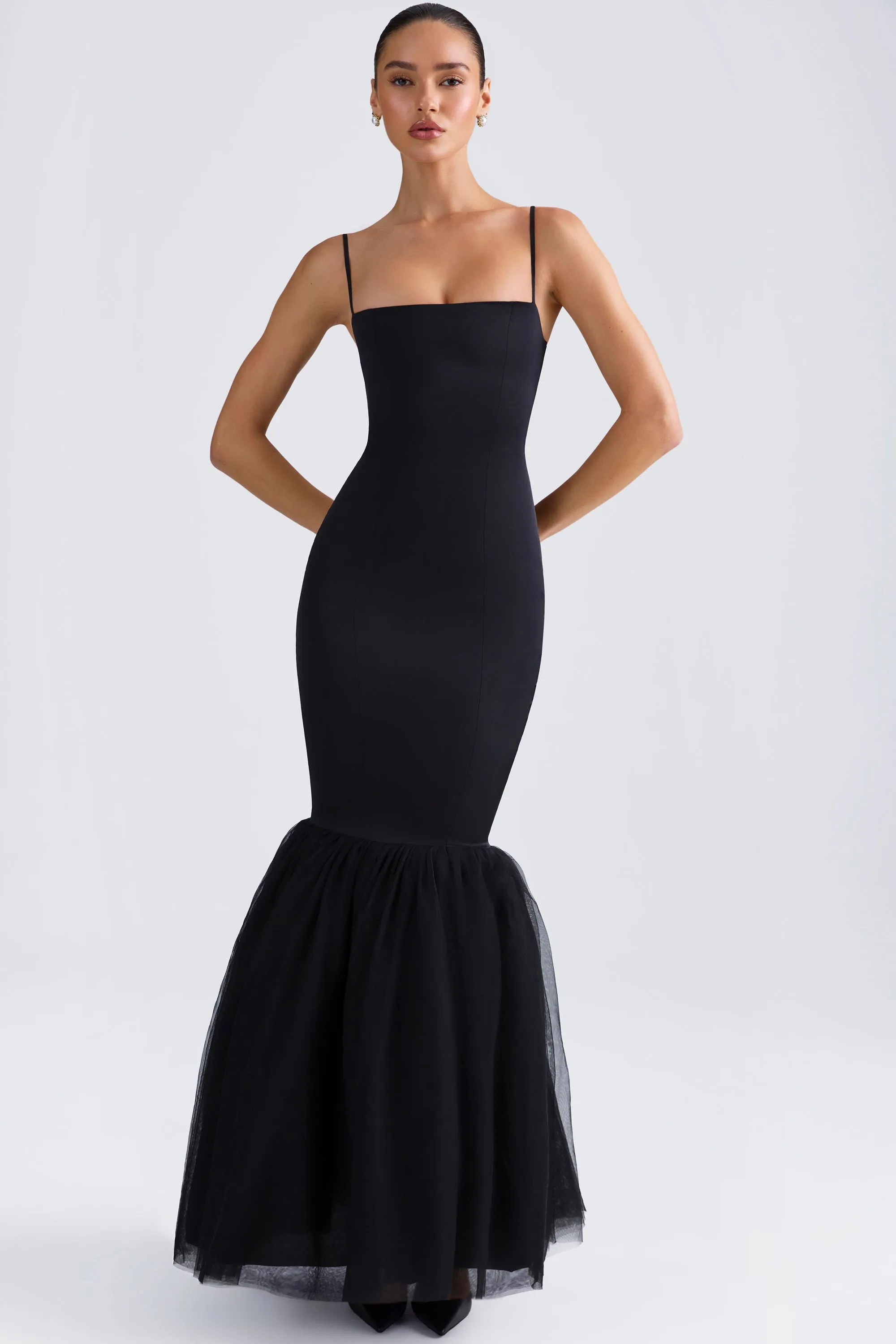 Tulle Hem Fishtail Gown in Black sold by Oh Polly