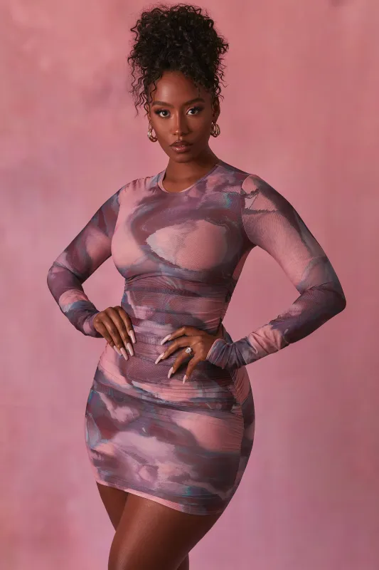 Constellations Long Sleeve Bodycon Ruched Mesh Mini Dress in Blush sold by Oh Polly