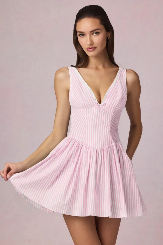 Bow-Detail A-Line Mini Dress in Soft Mauve Stripe sold by Oh Polly