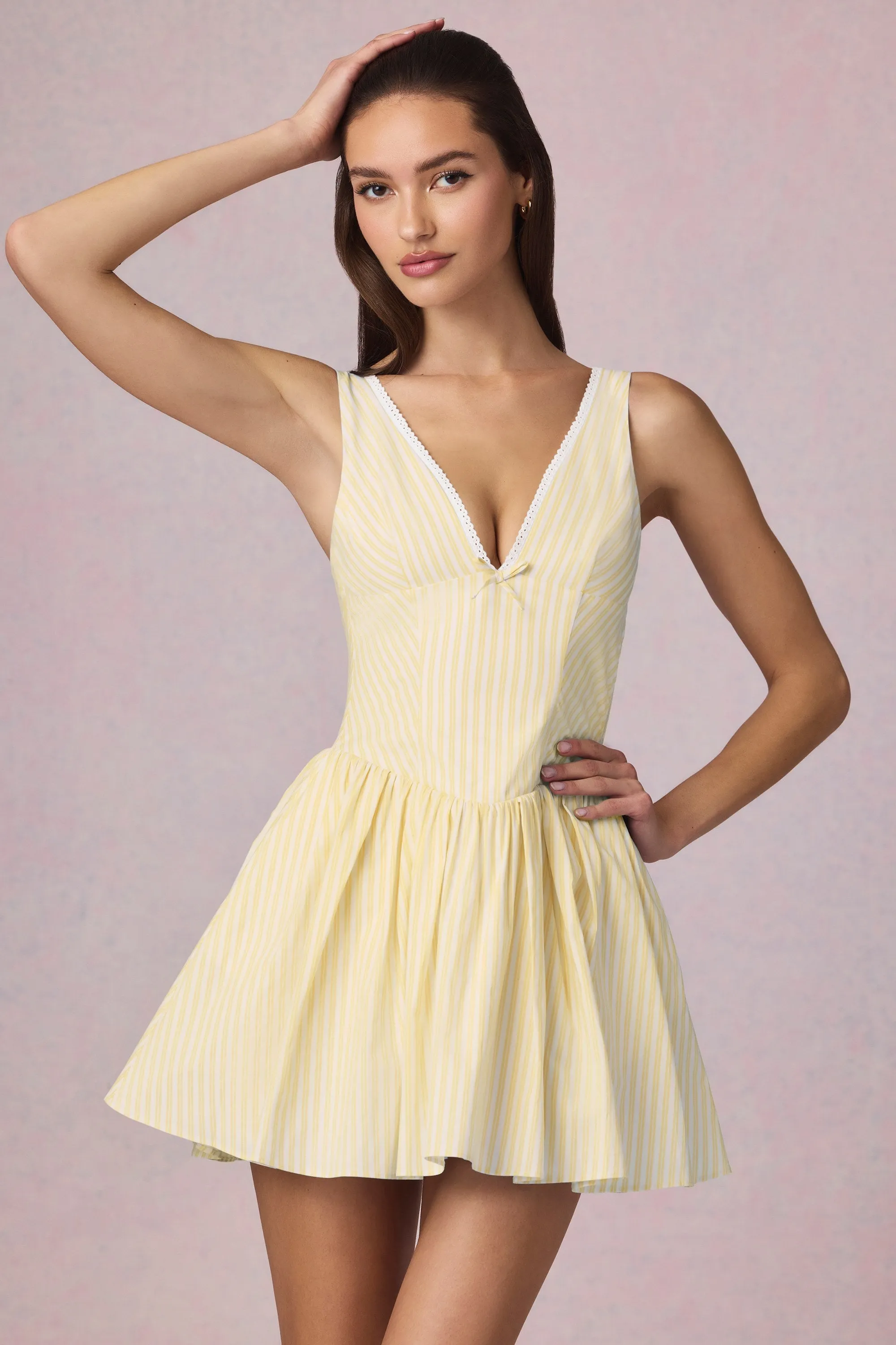 Bow-Detail A-Line Mini Dress in Lemon Yellow Stripe sold by Oh Polly product image thumbnail 5