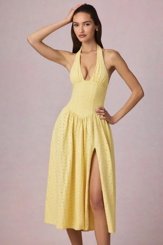 Broderie Anglaise Halterneck Midaxi Dress in Lemon Yellow sold by Oh Polly