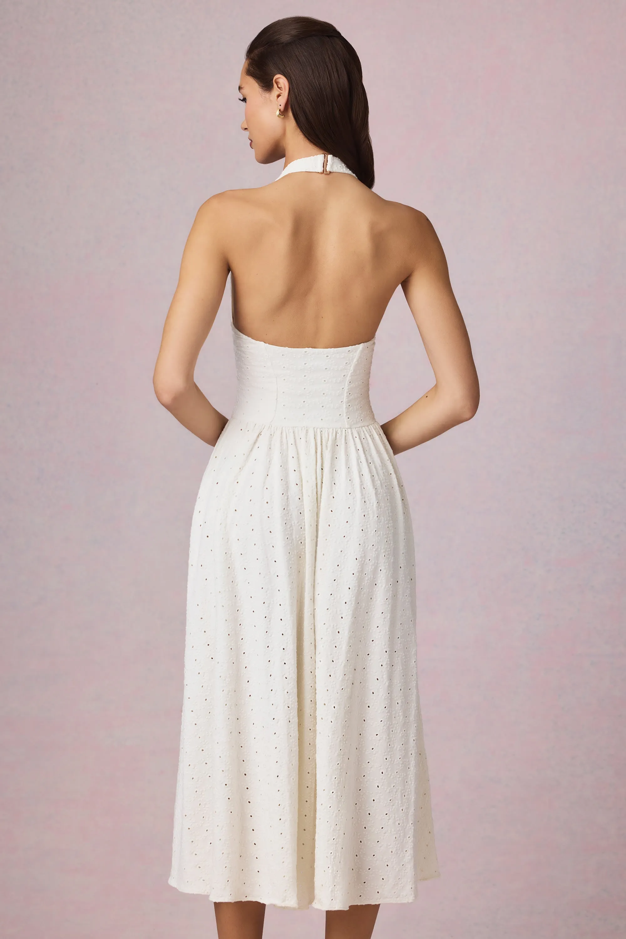 Broderie Anglaise Halterneck Midaxi Dress in White sold by Oh Polly product image thumbnail 3