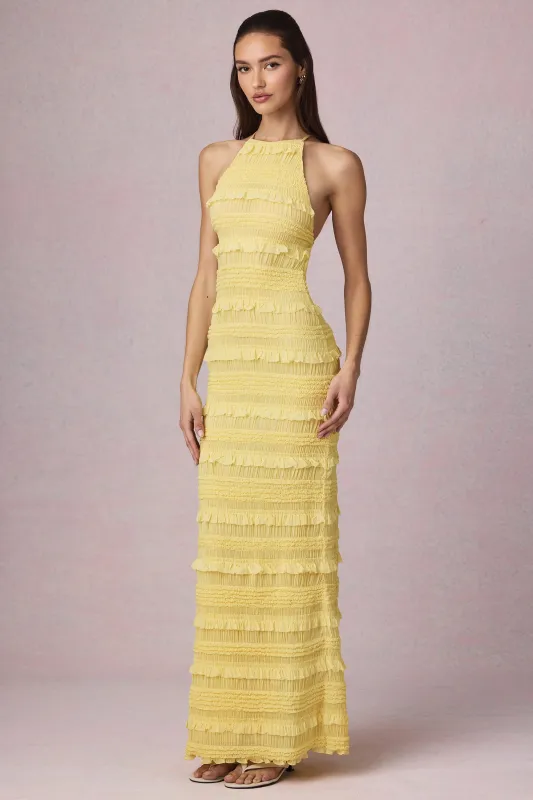 Ruffled Backless Halterneck Maxi Dress in Lemon Yellow sold by Oh Polly