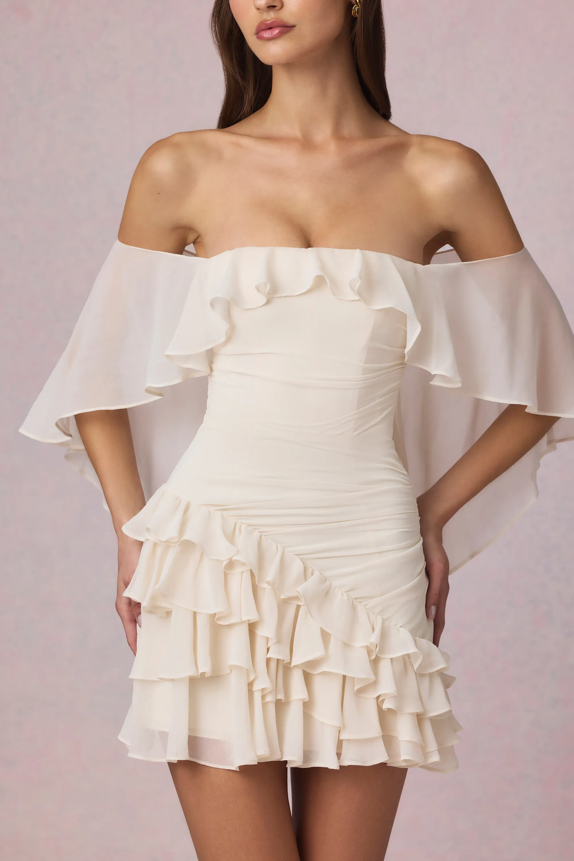 Off-Shoulder Ruffled Mini Dress in Ivory sold by Oh Polly product image thumbnail 4