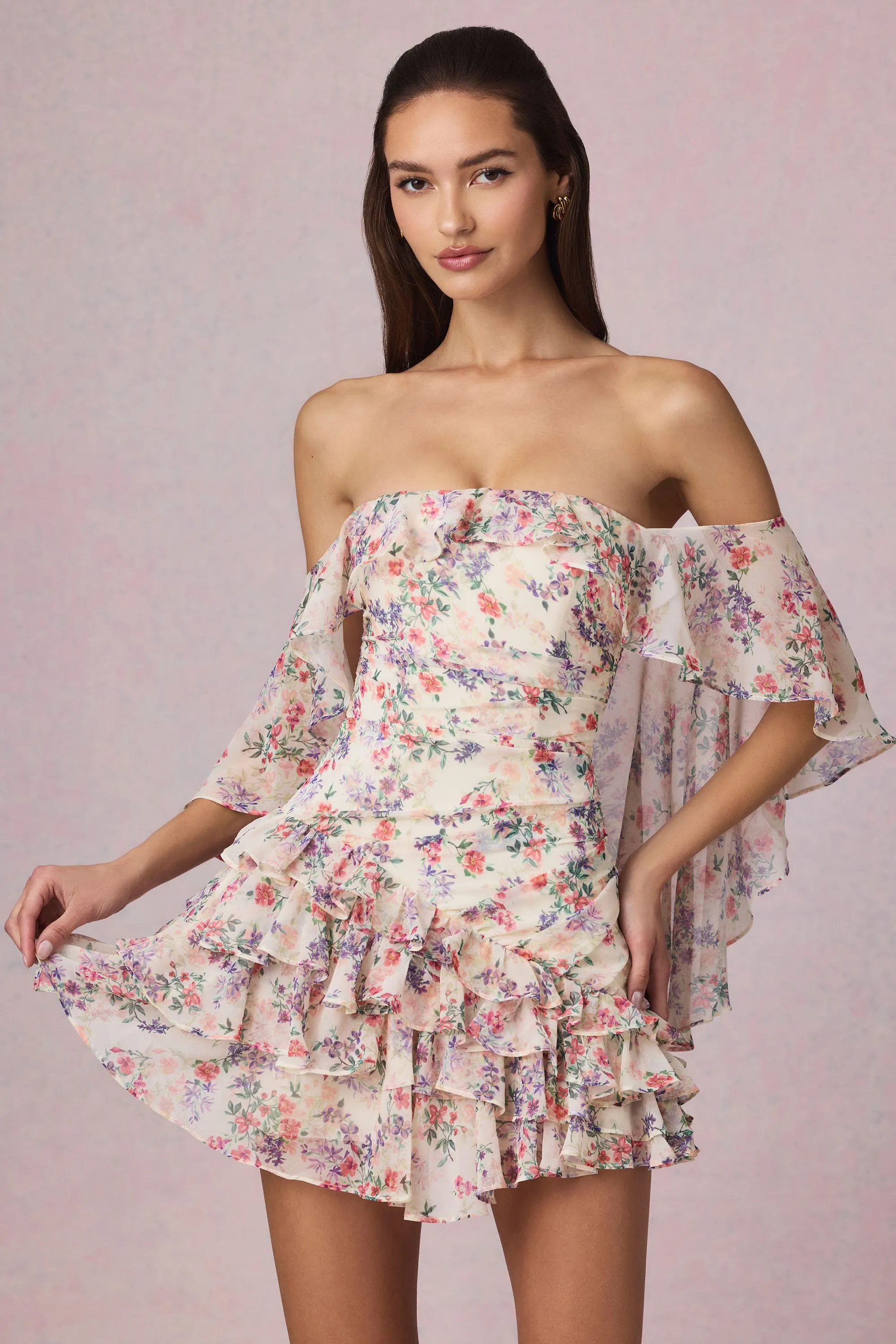 Off-Shoulder Ruffled Mini Dress in Primrose Floral Print sold by Oh Polly