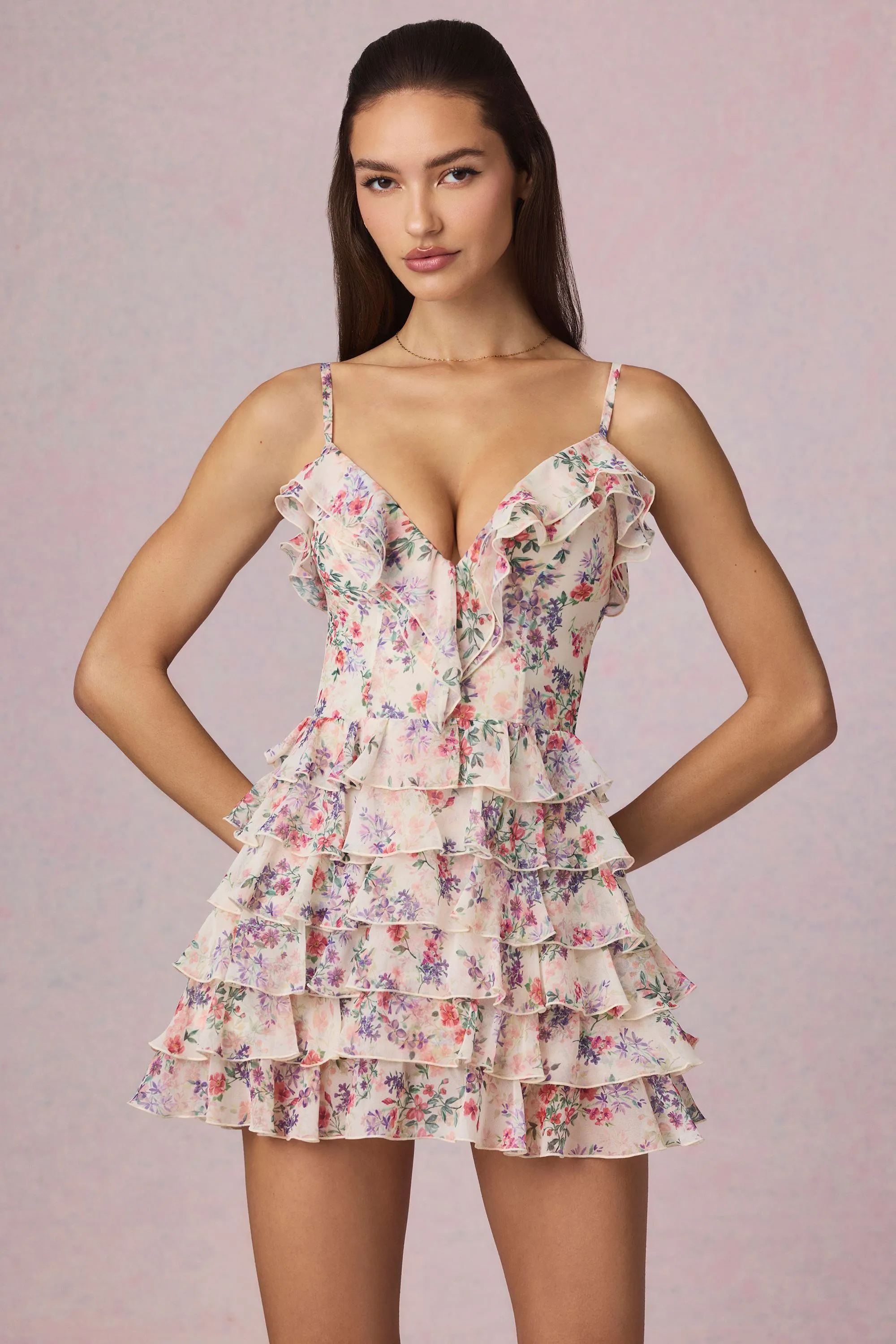 Ruffled Lace-Up A-Line Mini Dress in Primrose Floral Print sold by Oh Polly