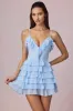 Ruffled Lace-Up A-Line Mini Dress in Powder Blue sold by Oh Polly