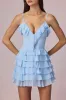 Ruffled Lace-Up A-Line Mini Dress in Powder Blue sold by Oh Polly