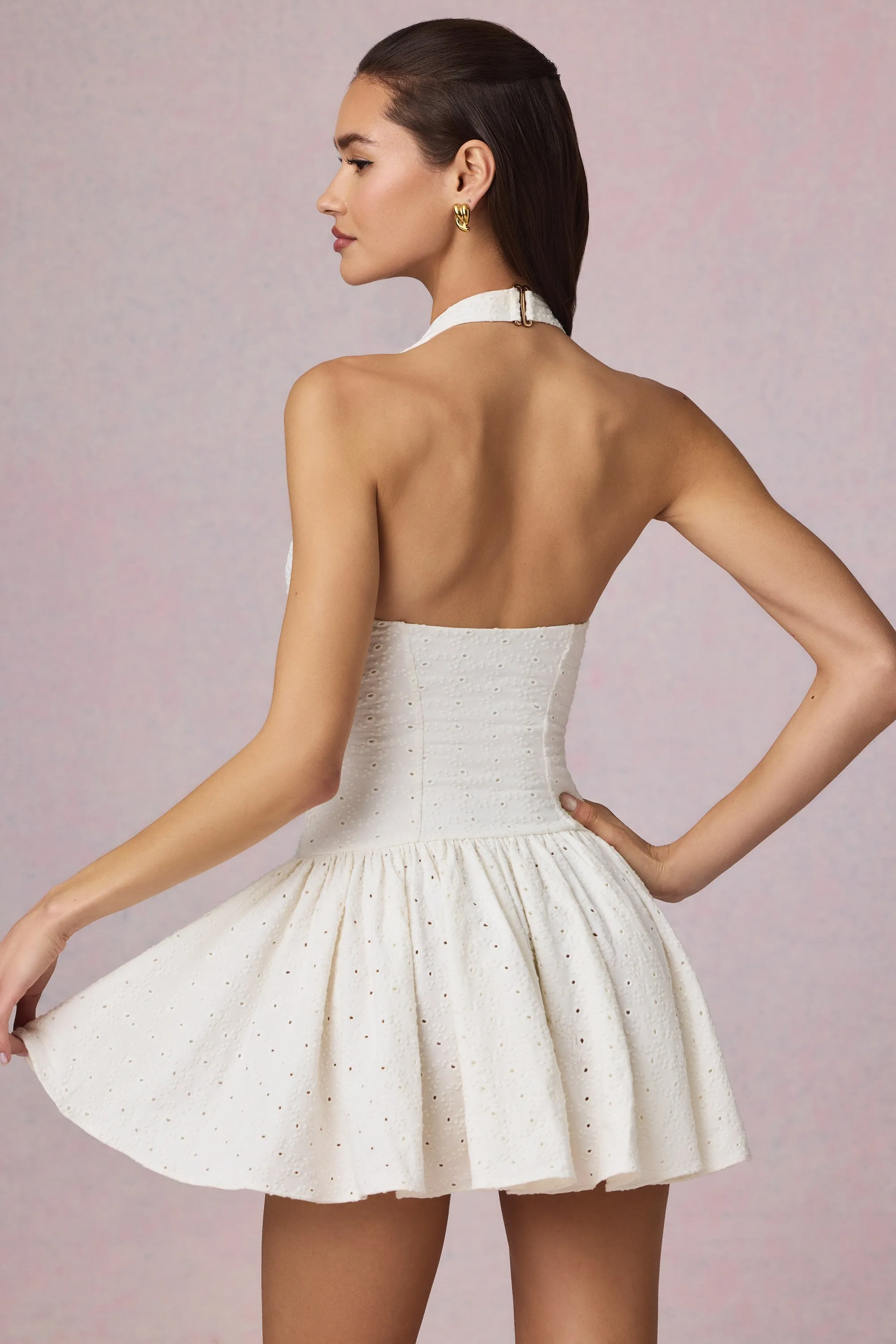 Modal Broderie Anglaise Halterneck Mini Dress in White sold by Oh Polly product image thumbnail 2