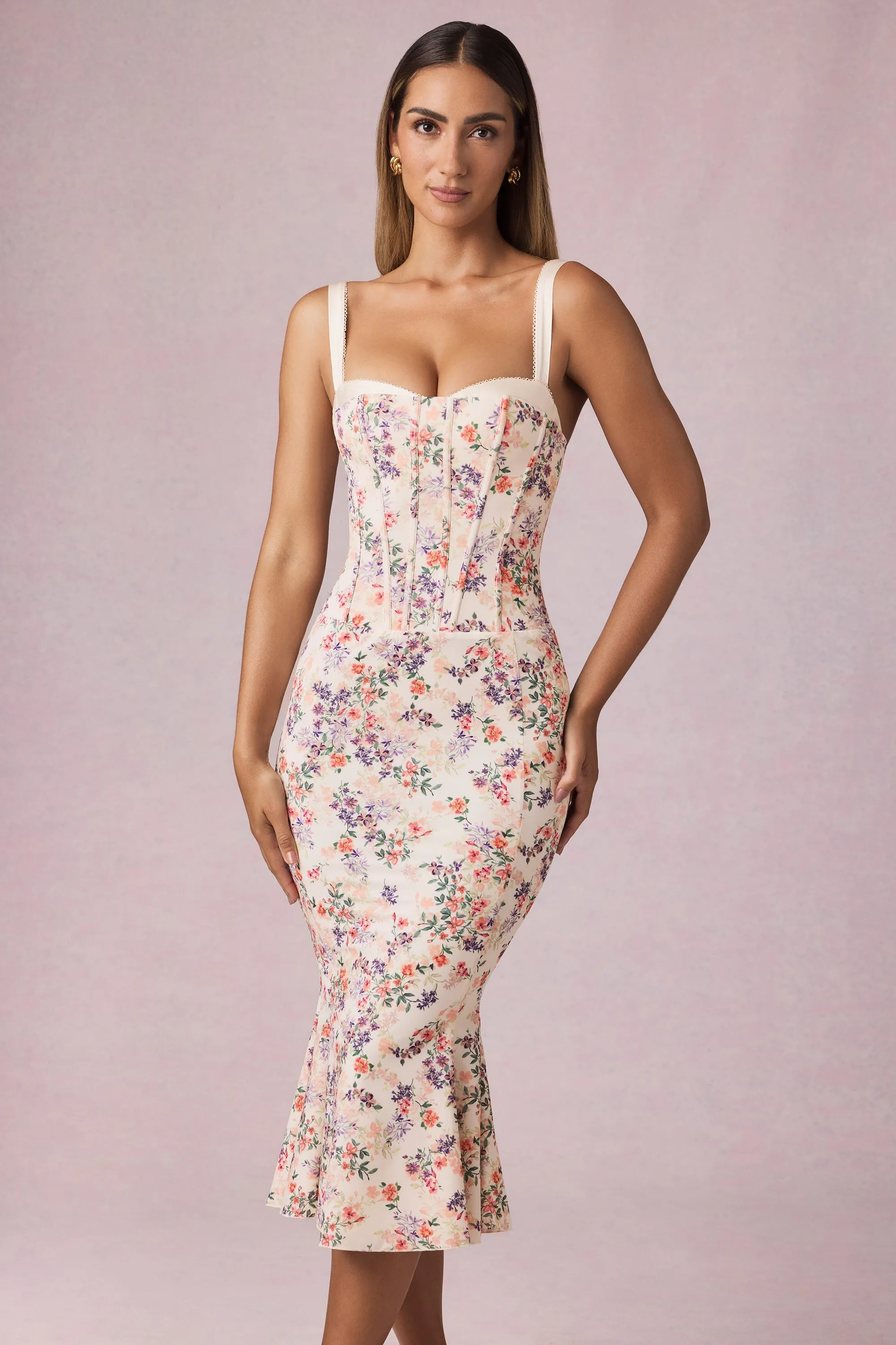 Layered Bra-Detail Fishtail Midaxi Dress in Primrose Floral Print sold by Oh Polly