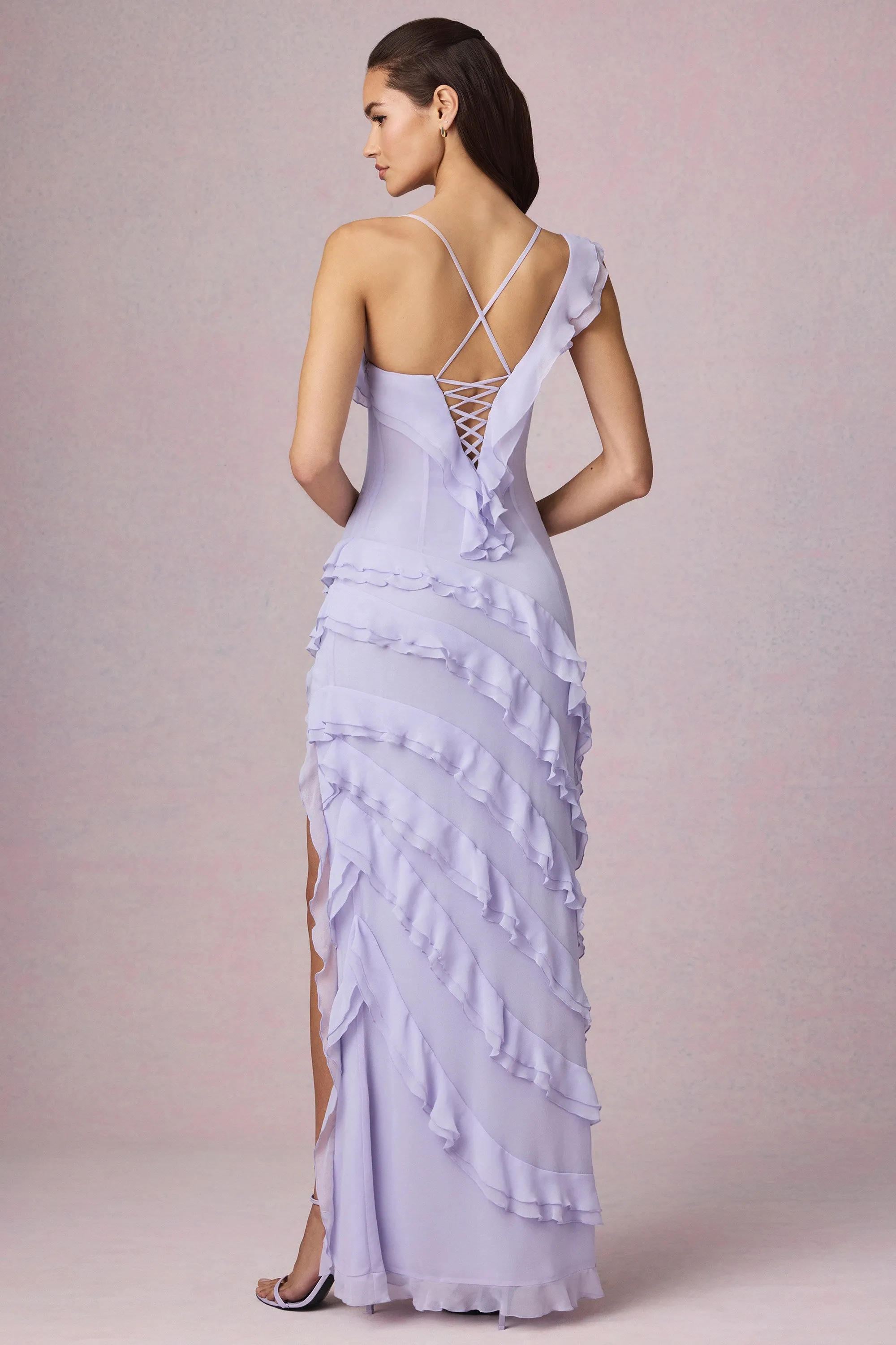 Asymmetric Ruffled Lace-Up Gown in Lilac sold by Oh Polly product image thumbnail 3