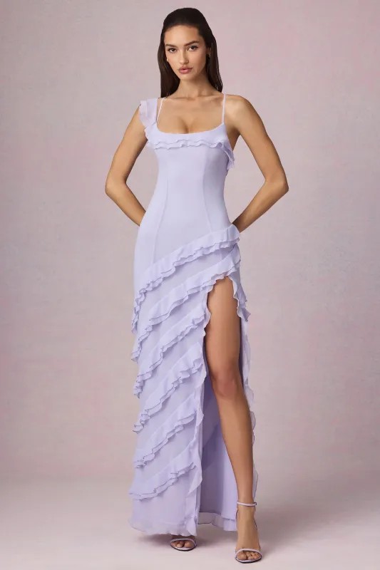 Asymmetric Ruffled Lace-Up Gown in Lilac sold by Oh Polly