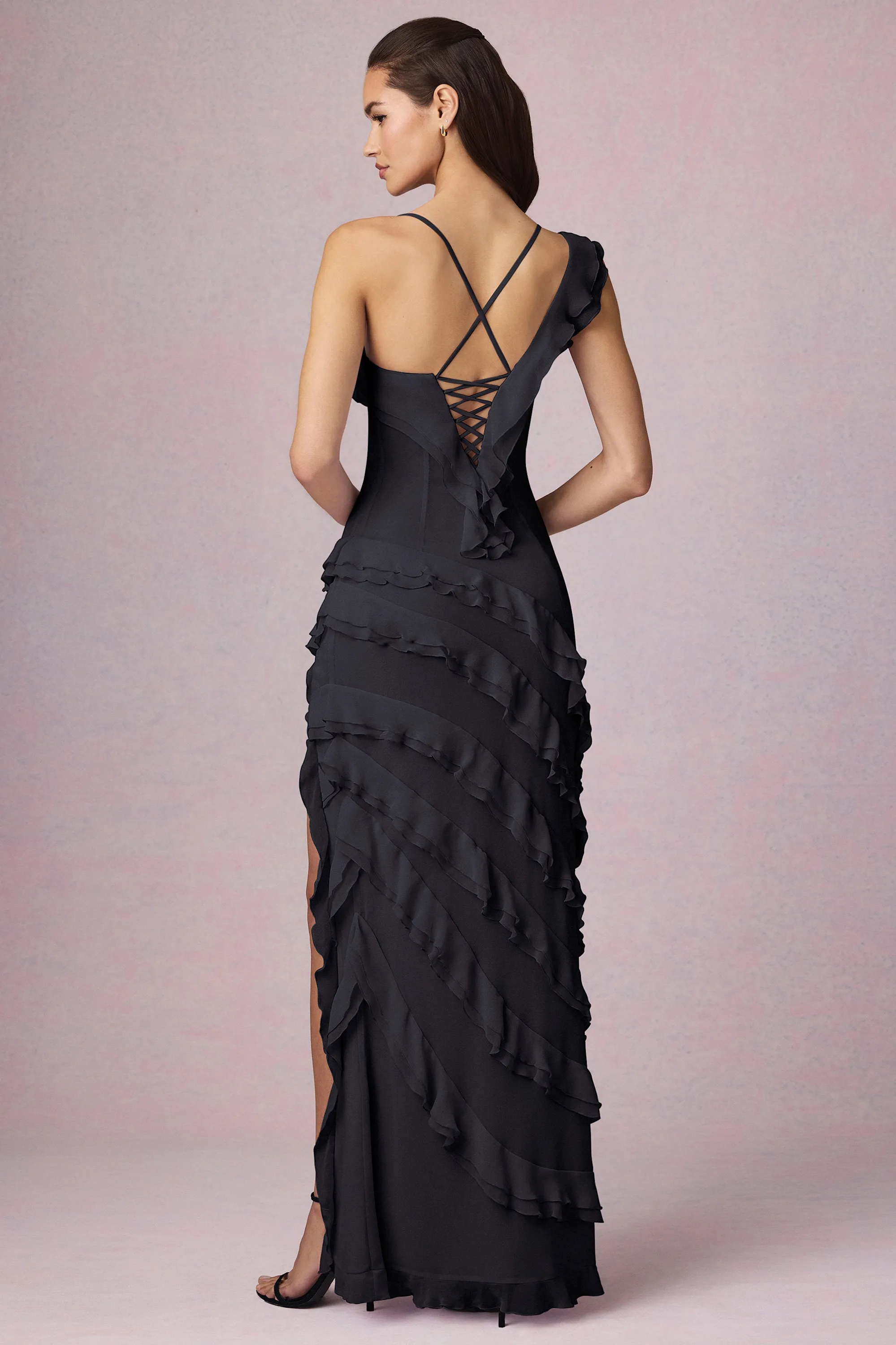 Asymmetric Ruffled Lace-Up Gown in Black sold by Oh Polly product image thumbnail 3