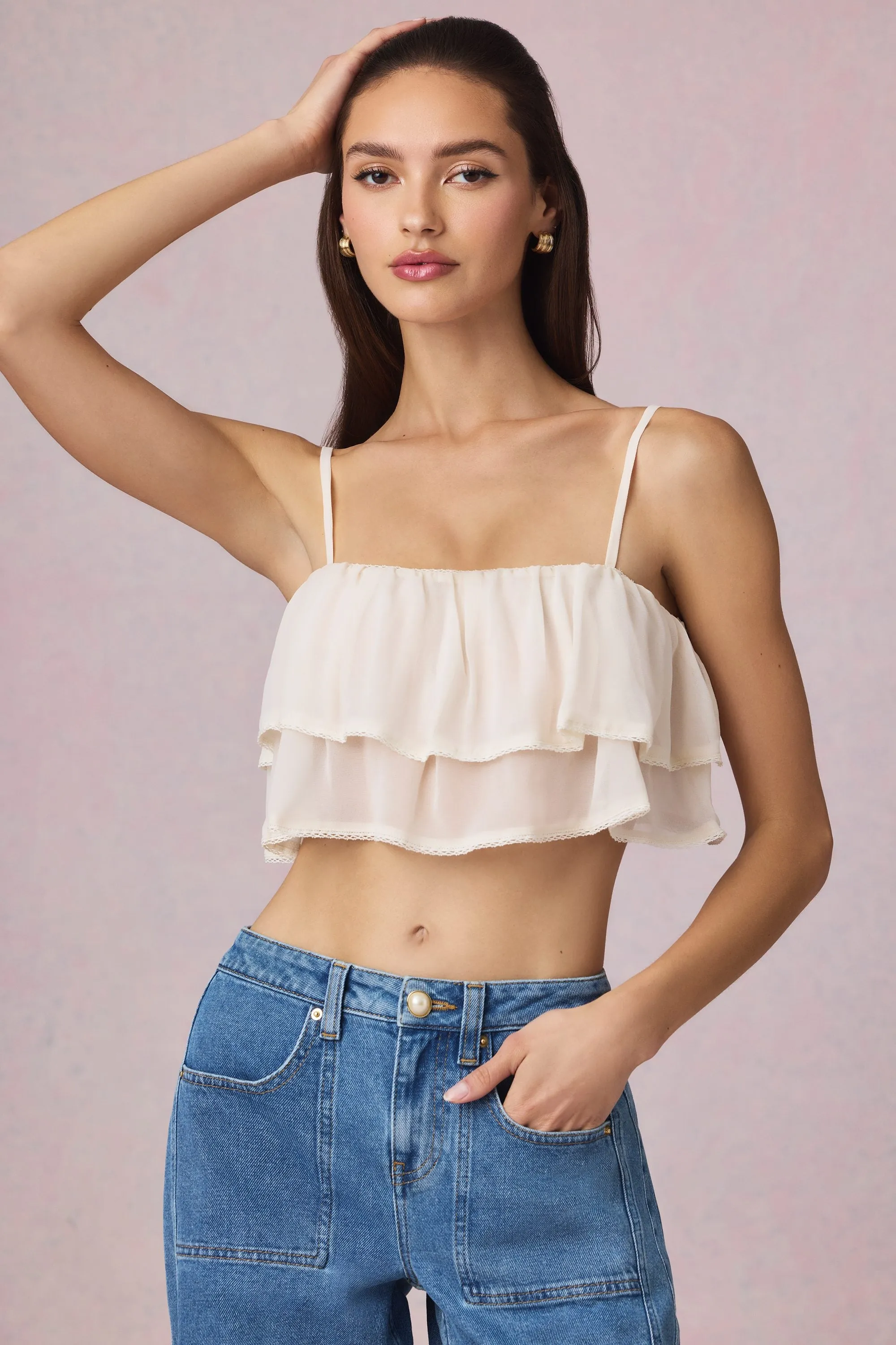 Ruffled Cropped Camisole Top in Ivory sold by Oh Polly