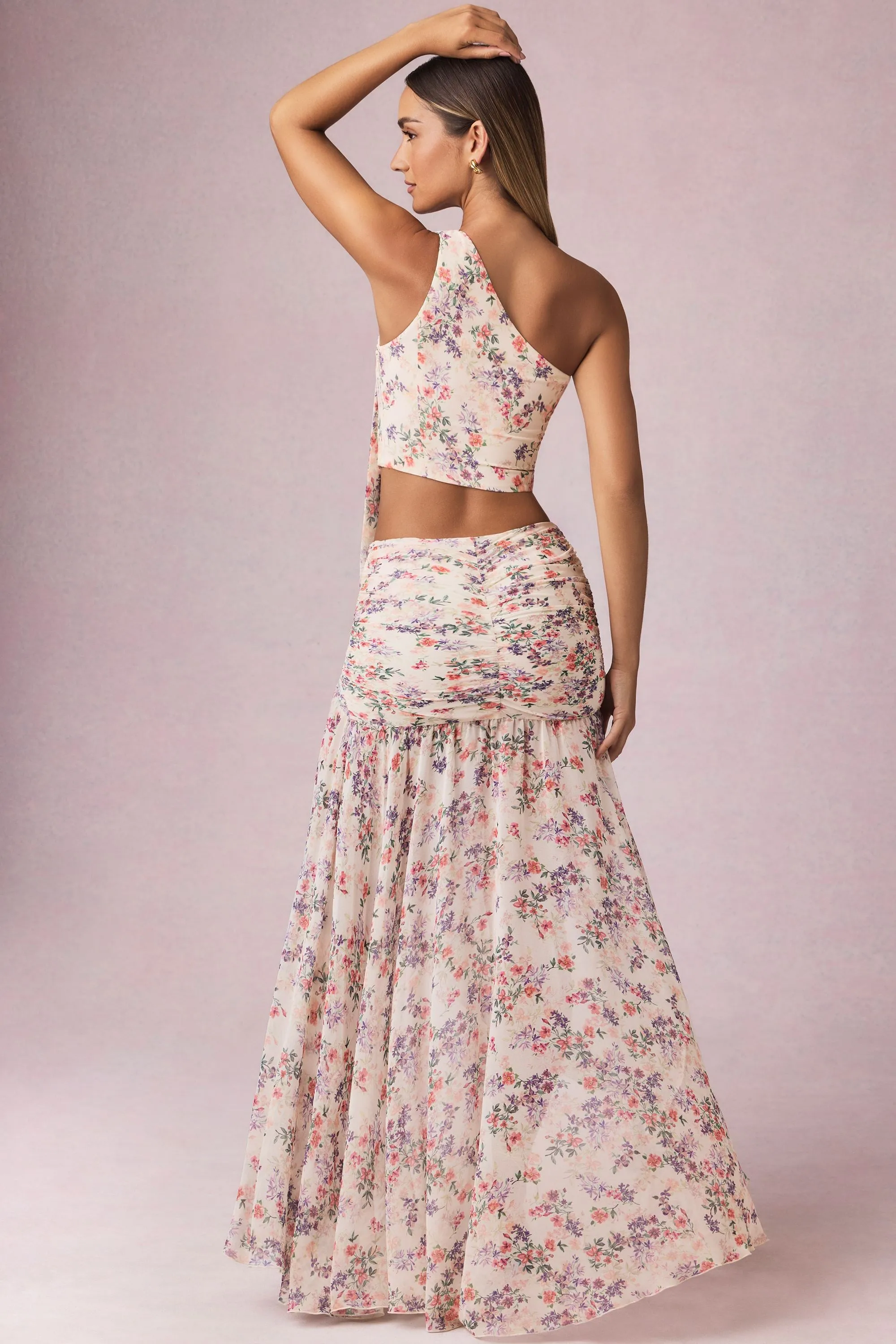 Asymmetric Ruched Maxi Skirt in Primrose Floral Print sold by Oh Polly product image thumbnail 3